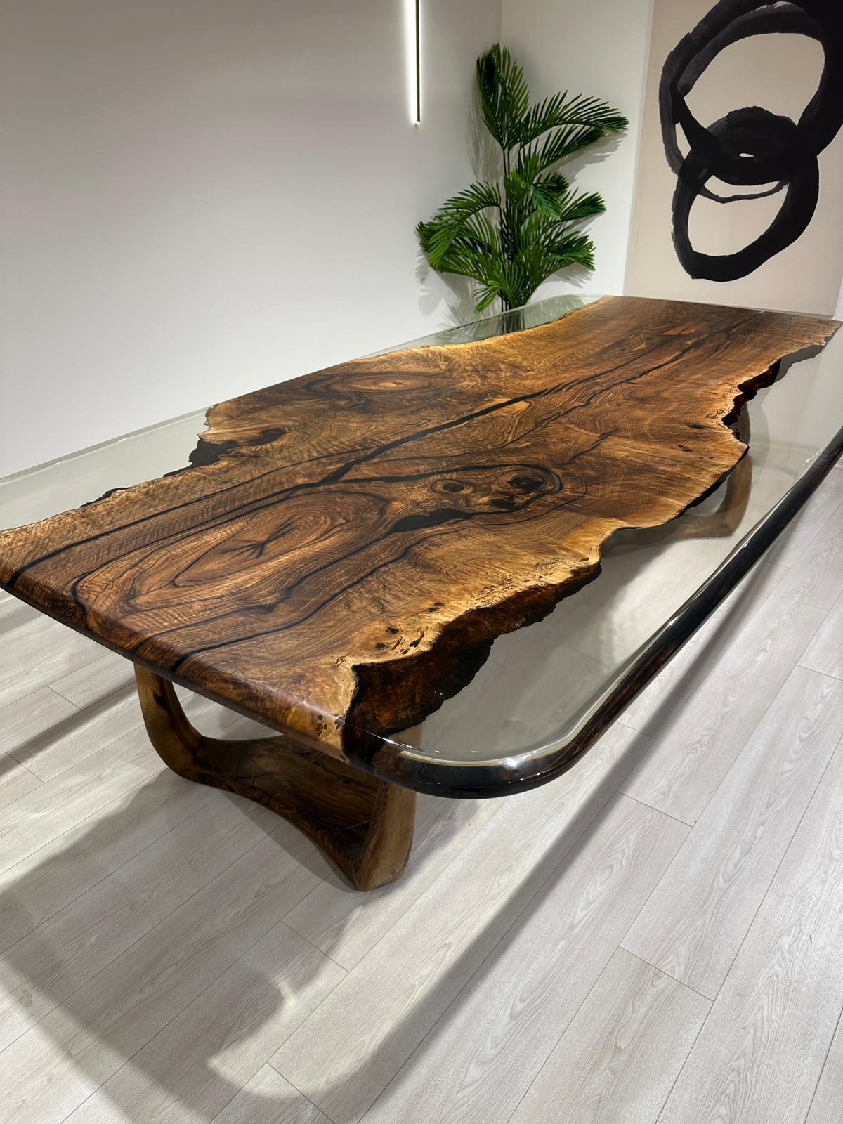 Arts and Crafts One Piece Walnut Table With Clear Epoxy - Black Walnut Resin Dining Table For Sale