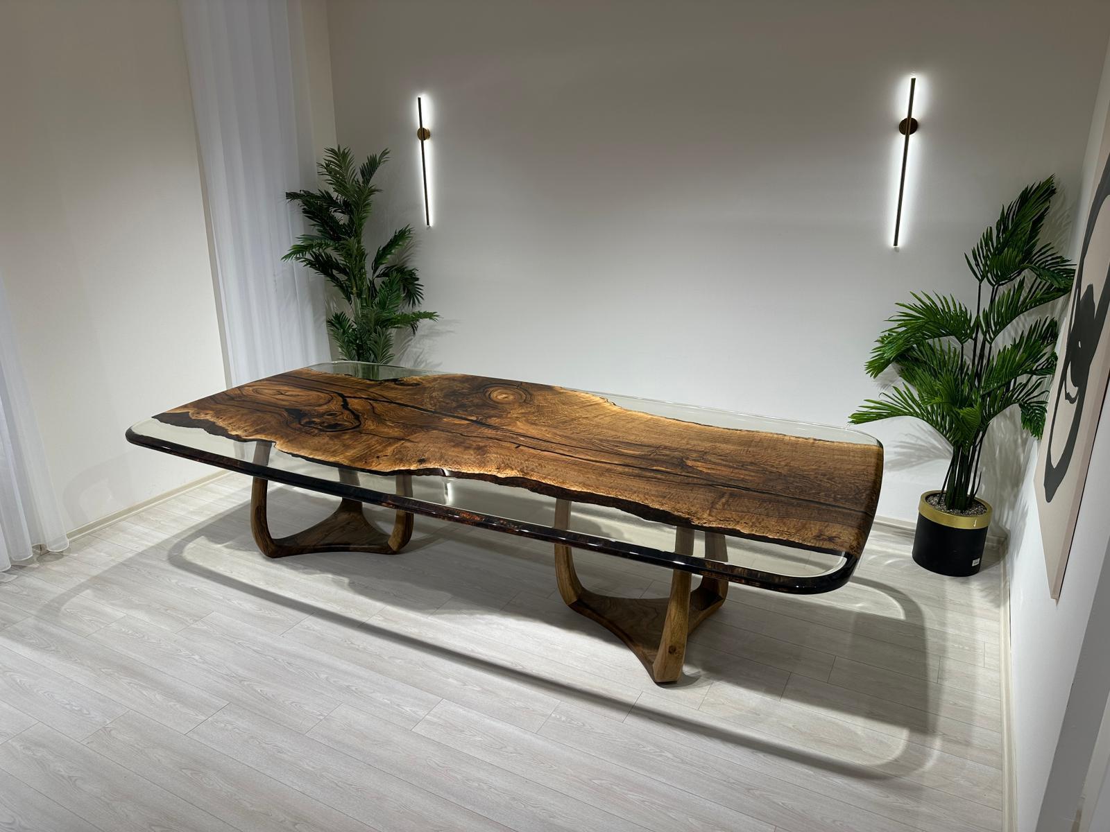 Turkish One Piece Walnut Table With Clear Epoxy - Black Walnut Resin Dining Table For Sale