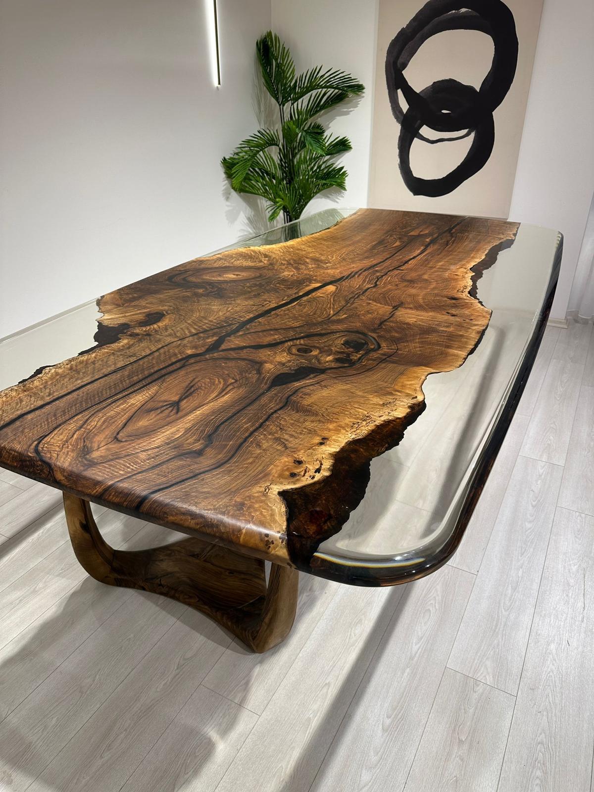 Brushed One Piece Walnut Table With Clear Epoxy - Black Walnut Resin Dining Table For Sale