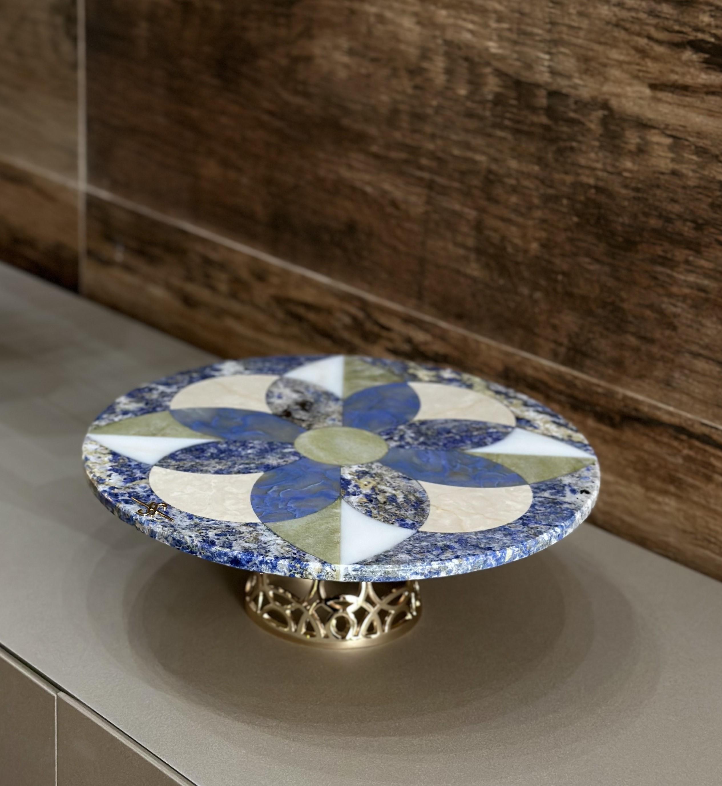 Italian One plate Marble Inlay Cakestand by Euromarmi Store For Sale