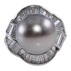 Retro One Platinum Stamped Estate Lady's Diamond & South Sea Pearl Ring