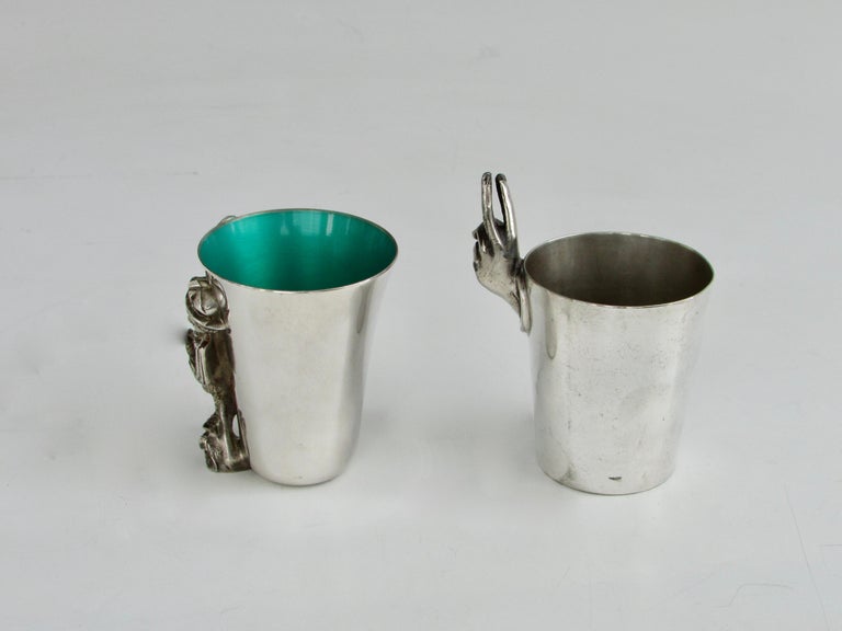 Mid-Century Modern One Reed Barton Enameled One Napier Whimsical Silver Plate Shot Glasses For Sale