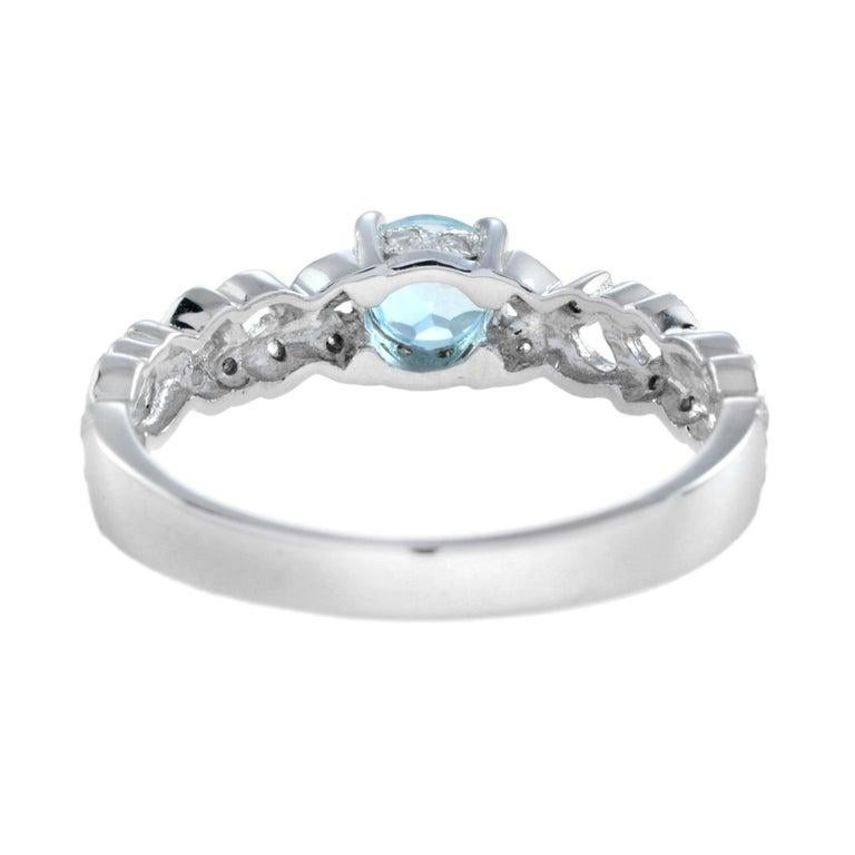 Art Deco One Round Blue Topaz with Diamond Filigree Band Vintage Style White Gold Ring For Sale
