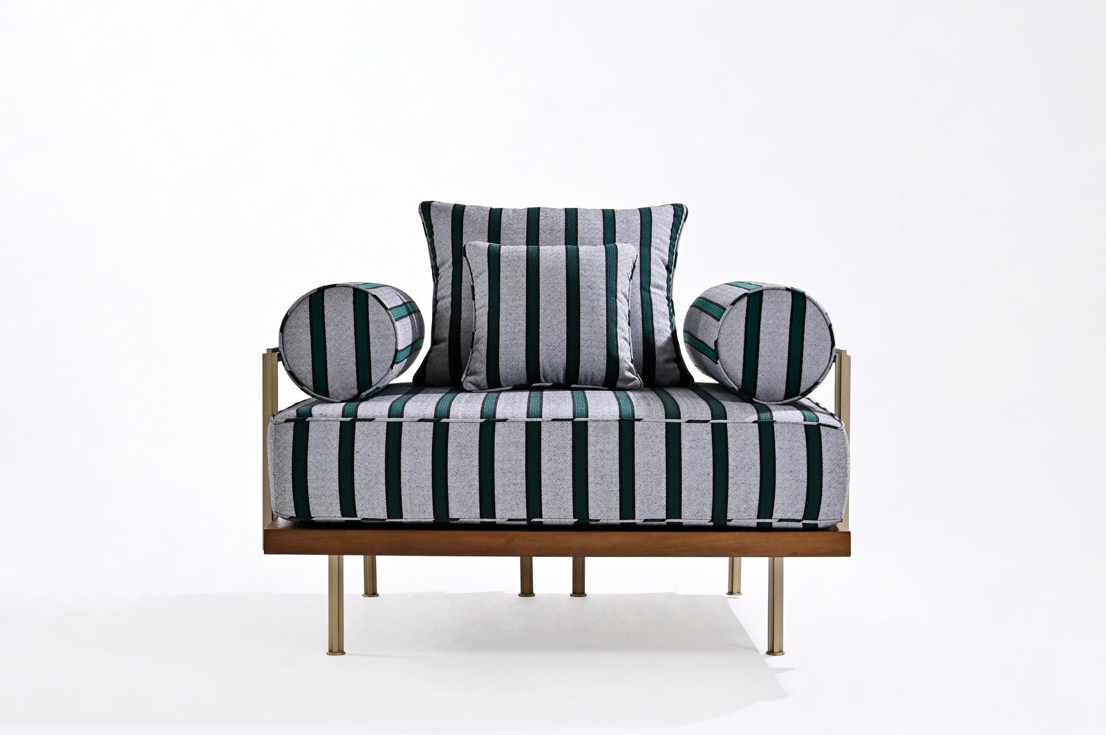 The PT732 is a stately armchair; versatile for both formal and informal setting. We created the outdoor version using 100% quick dry foam. The fabric was sent by our client; Perennials - Kabuki Stripe in emerald color offers a great complement to