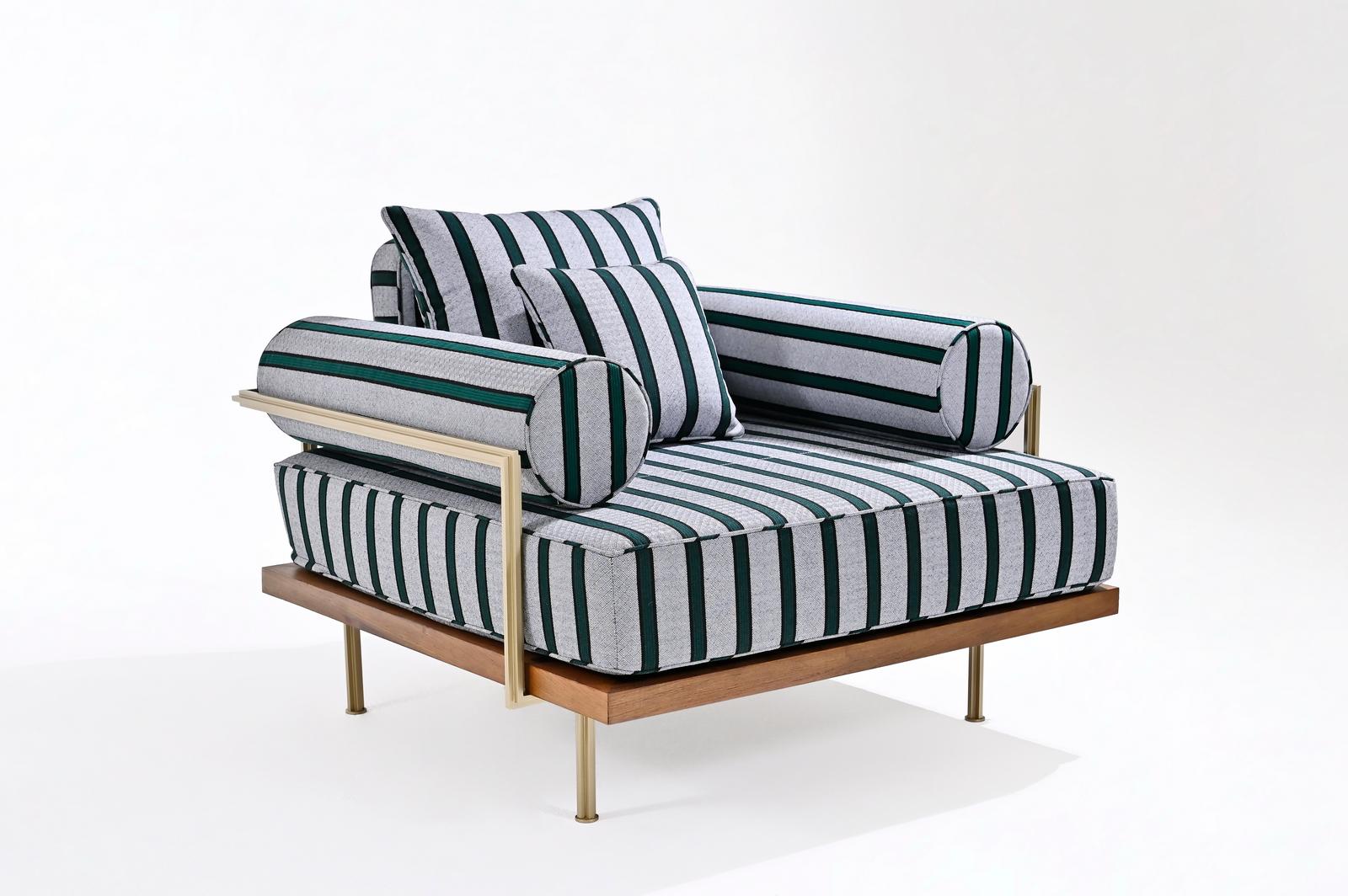 Mid-Century Modern One Seater Sofa Reclaimed Hardwood & Brass Frame by P. Tendercool (Outdoor) For Sale
