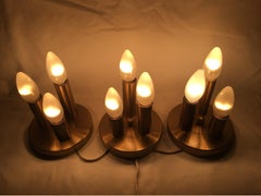 One Set of Three Brass Sputnik Three-Light Flash Mounts, or Sconces