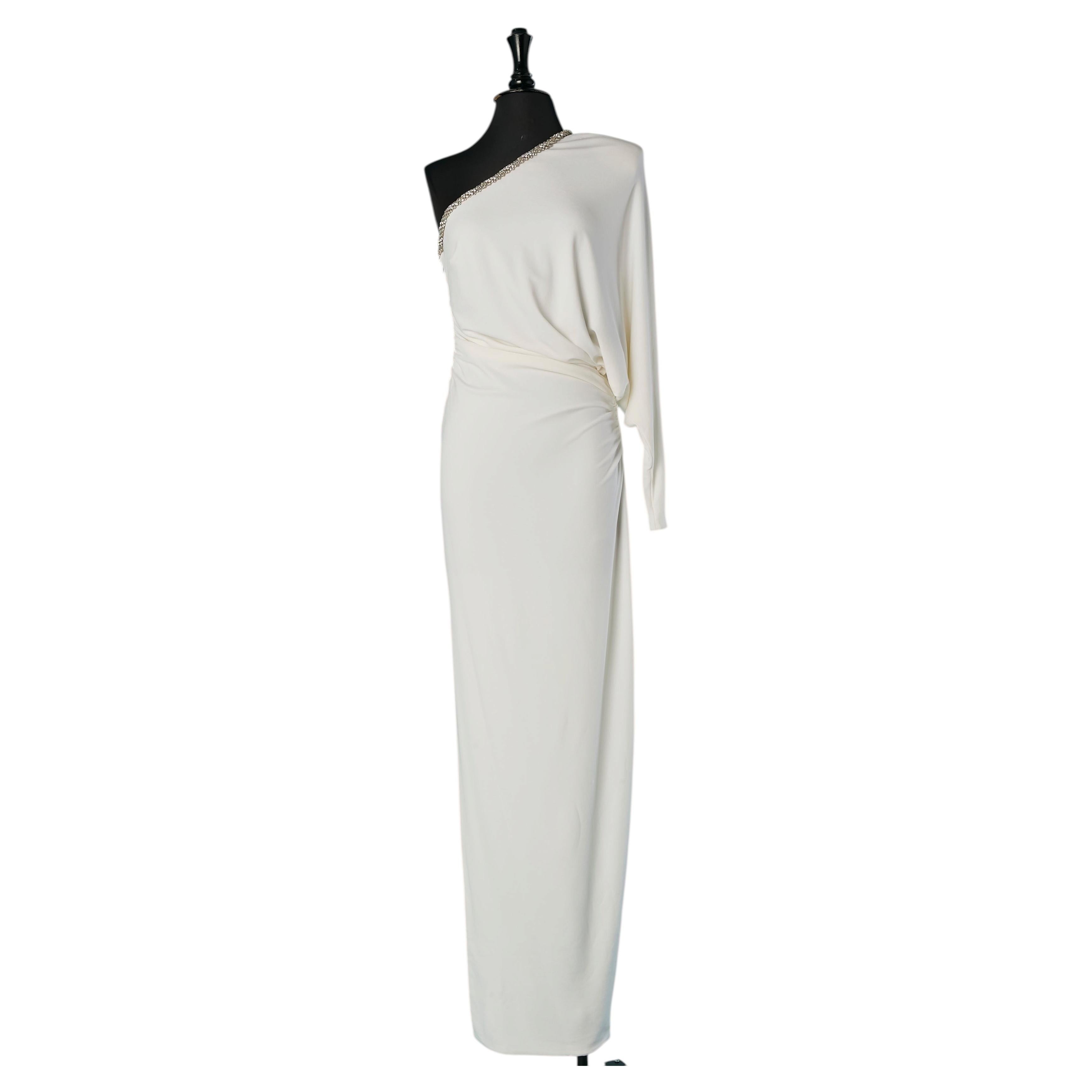 Robe du soir à une épaule en rayonne blanche avec bord en strass ALEXANDRE VAUTHIER