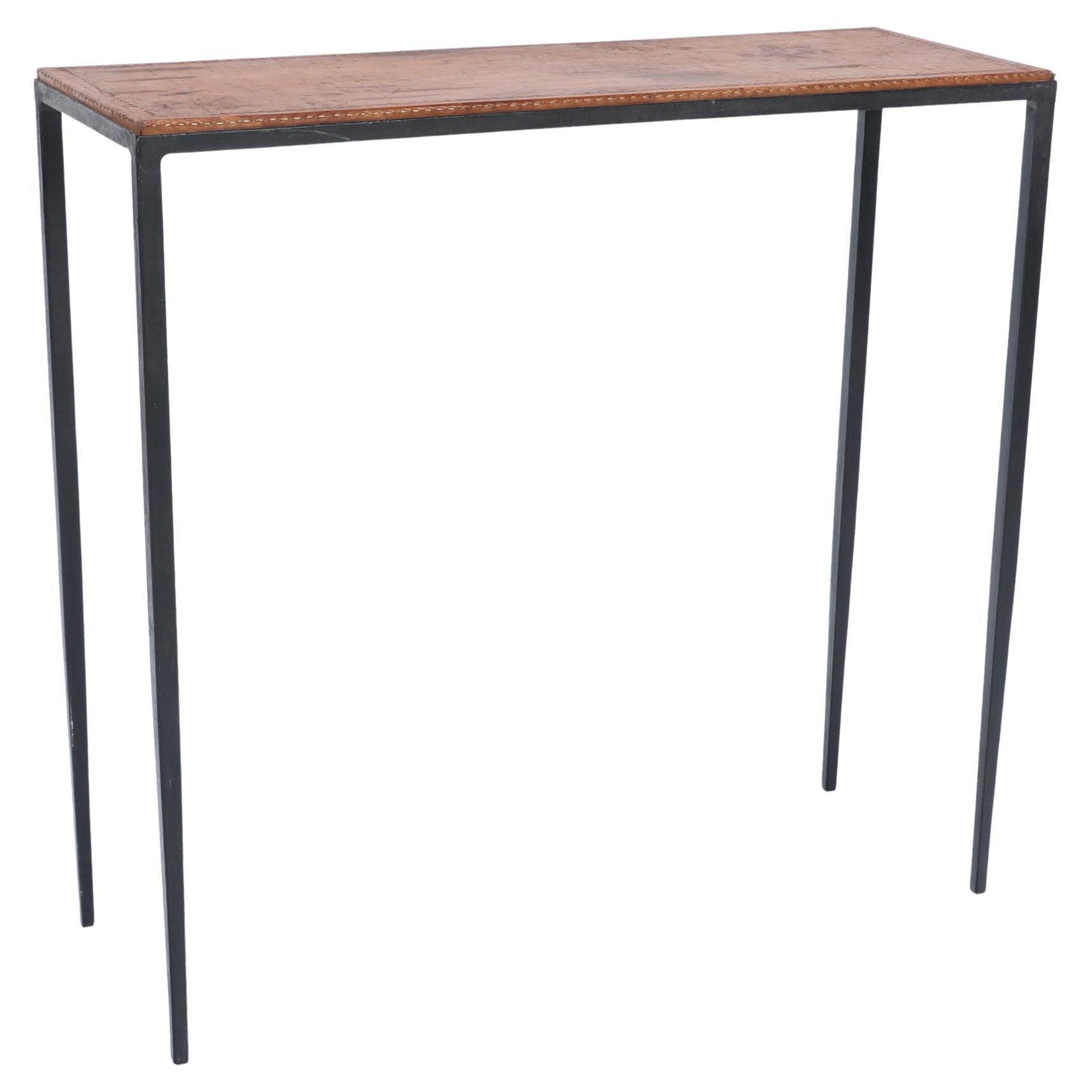 One Small Iron and Brown Leather Console, Manner of J.M Frank at 1stDibs