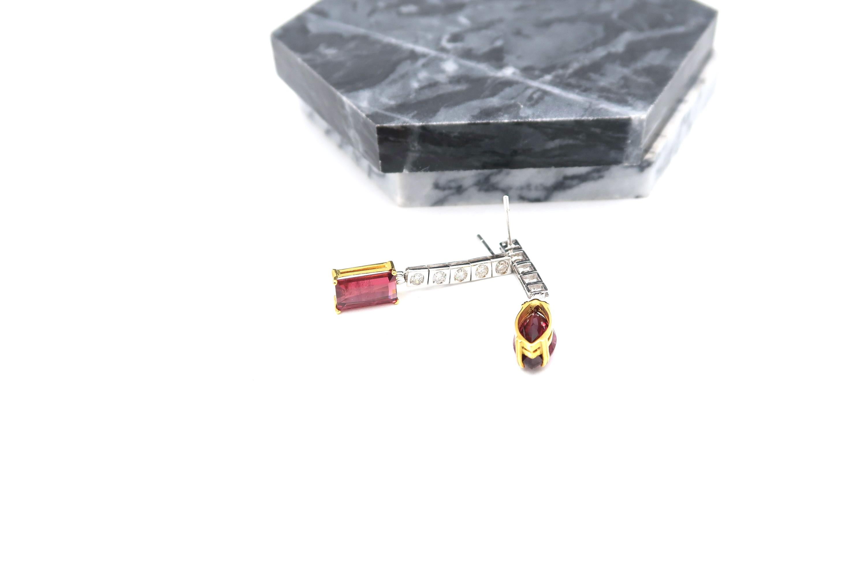 Contemporary Square Shaped Tennis Diamond Earrings with Mismatched Dangle Rubellite Drop For Sale