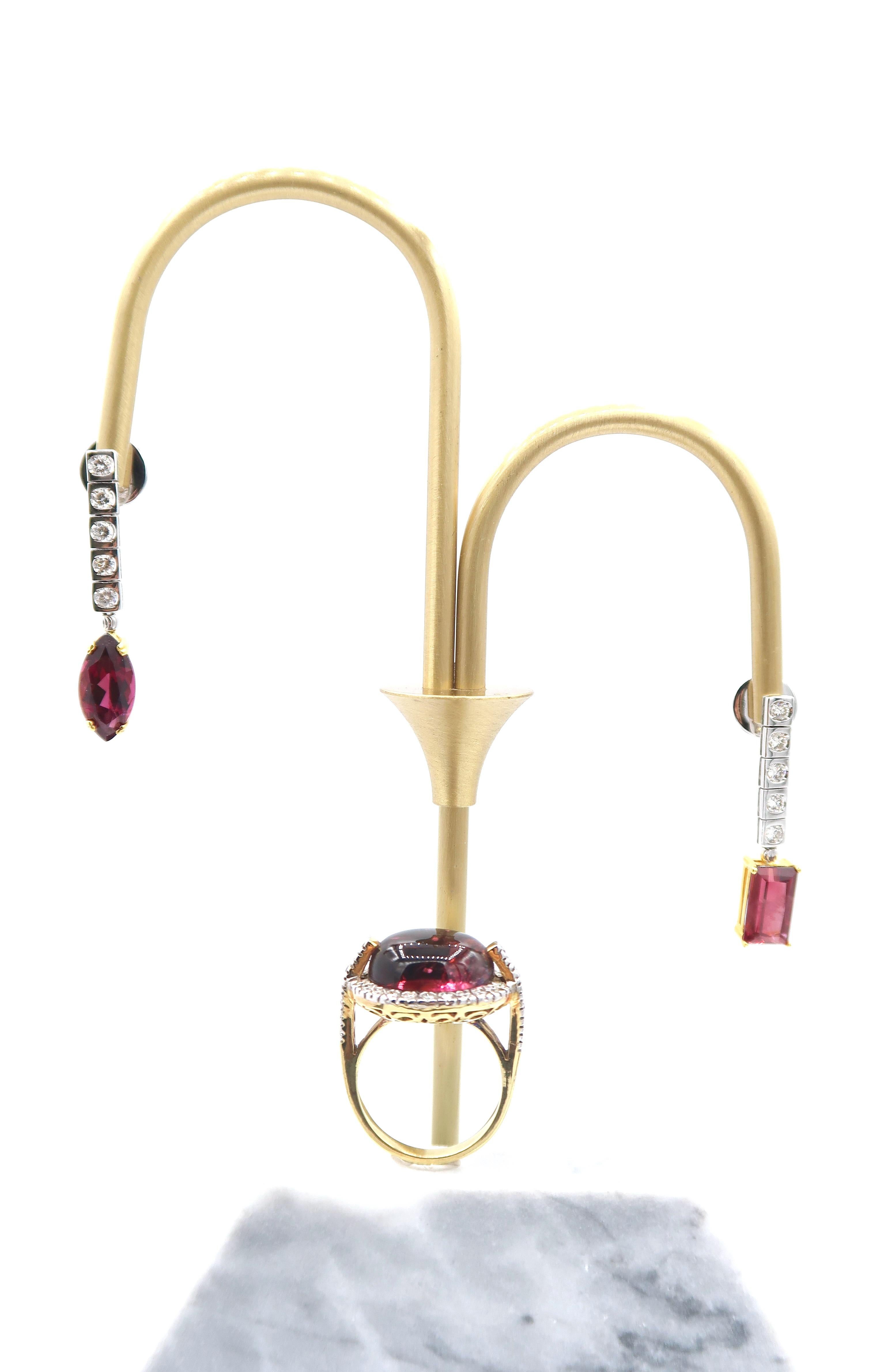 Square Shaped Tennis Diamond Earrings with Mismatched Dangle Rubellite Drop In New Condition For Sale In Bangkok, TH