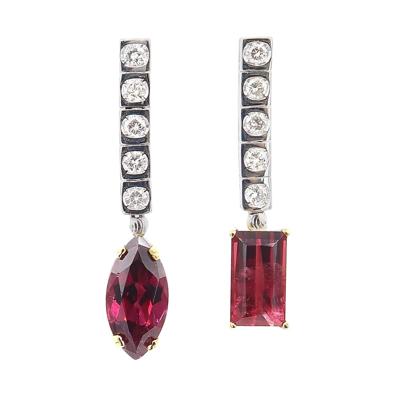 Square Shaped Tennis Diamond Earrings with Mismatched Dangle Rubellite Drop For Sale