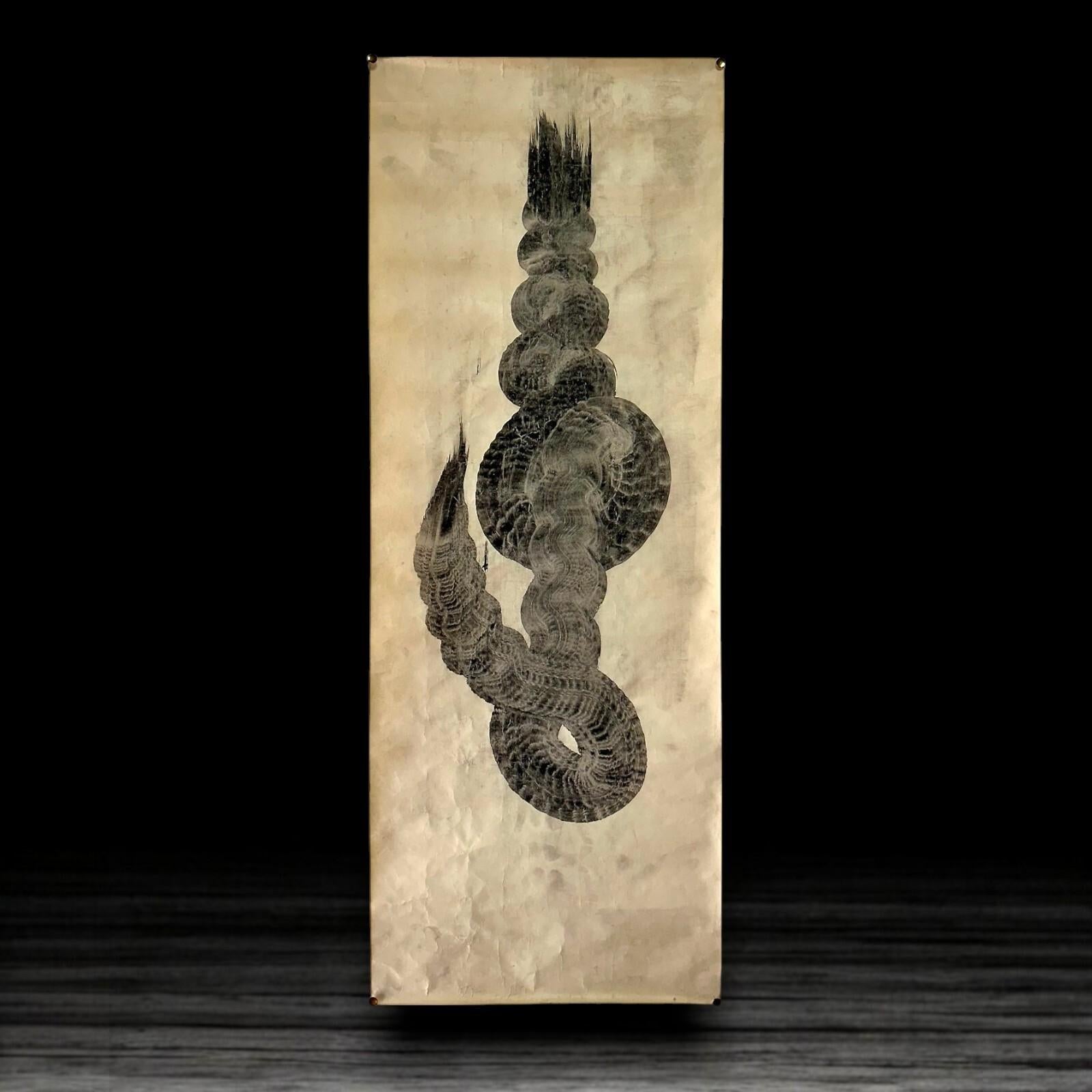 Paper One stroke calligraphy painting of Dragon . 20th century Zen calligraphy For Sale