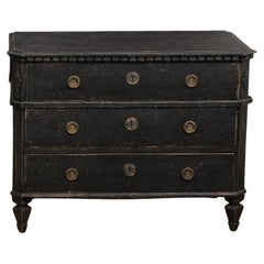 One Swedish Gustavian 1830s Black Painted and Carved Three-Drawer Chest