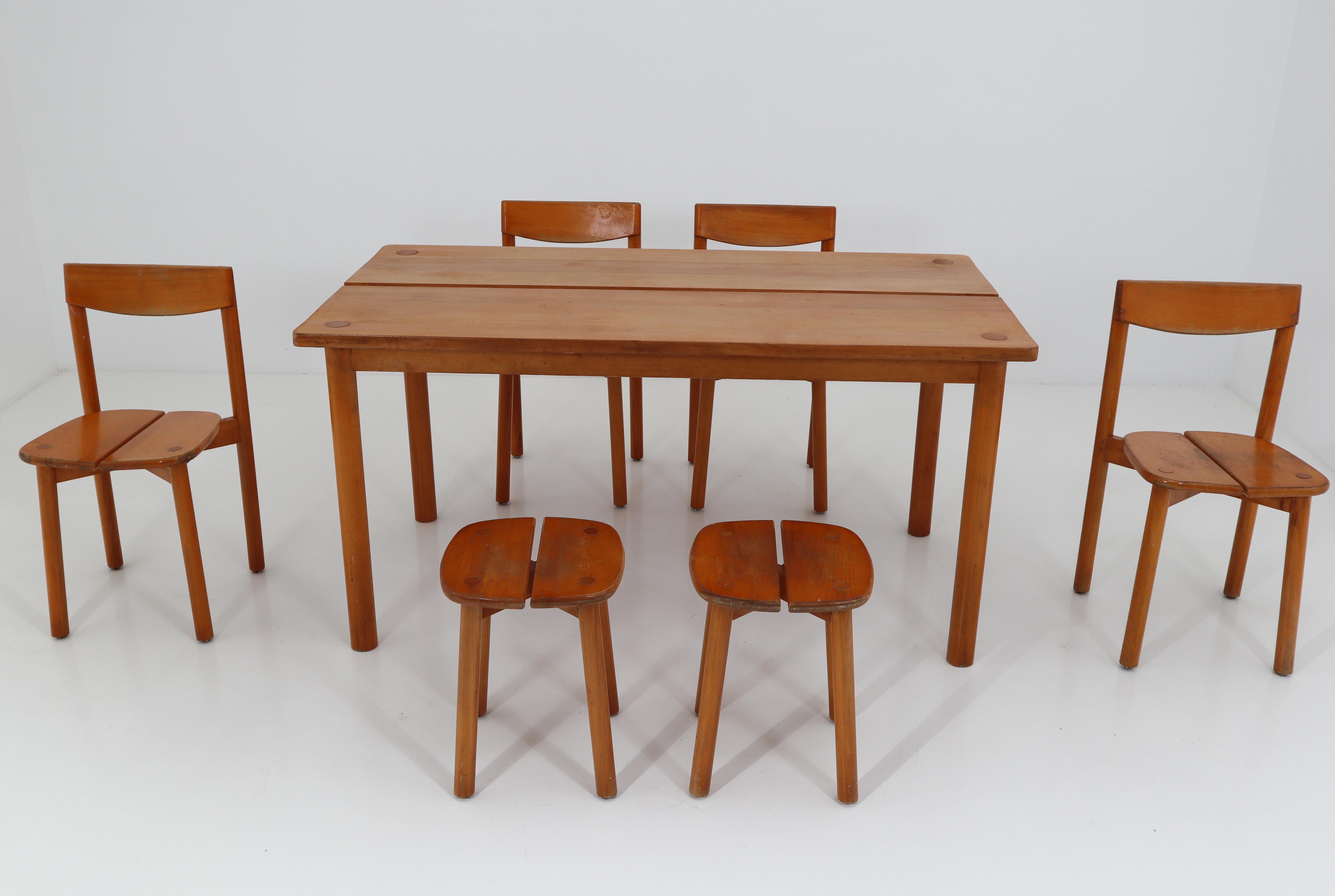 Mid-Century Modern One Table, Six Chairs and Two Stools by Pierre Gautier Delaye, France, 1960s