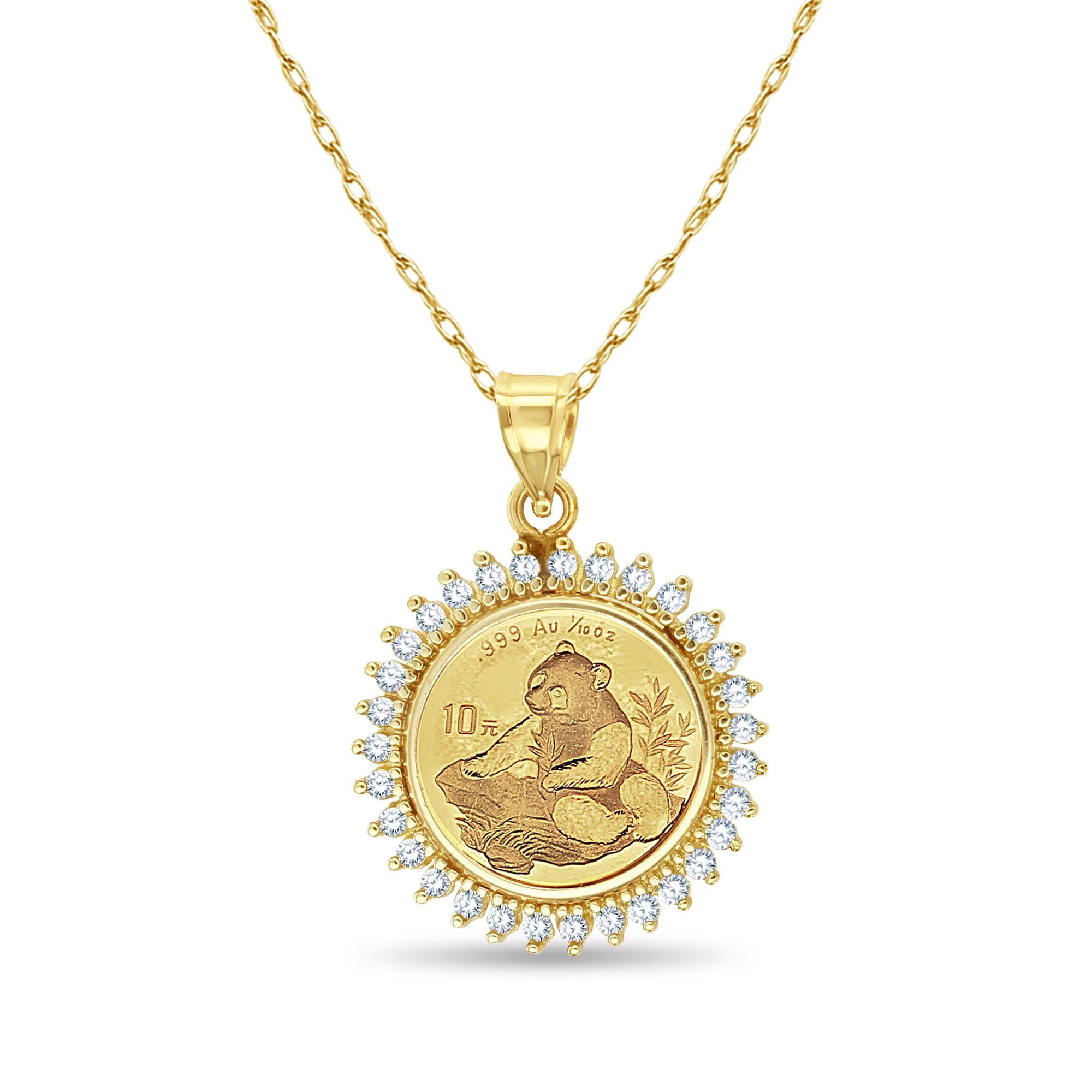 Taglio rotondo Moneta d'oro Panda cinese da un decimo di oncia Collana con diamanti a raggiera in vendita
