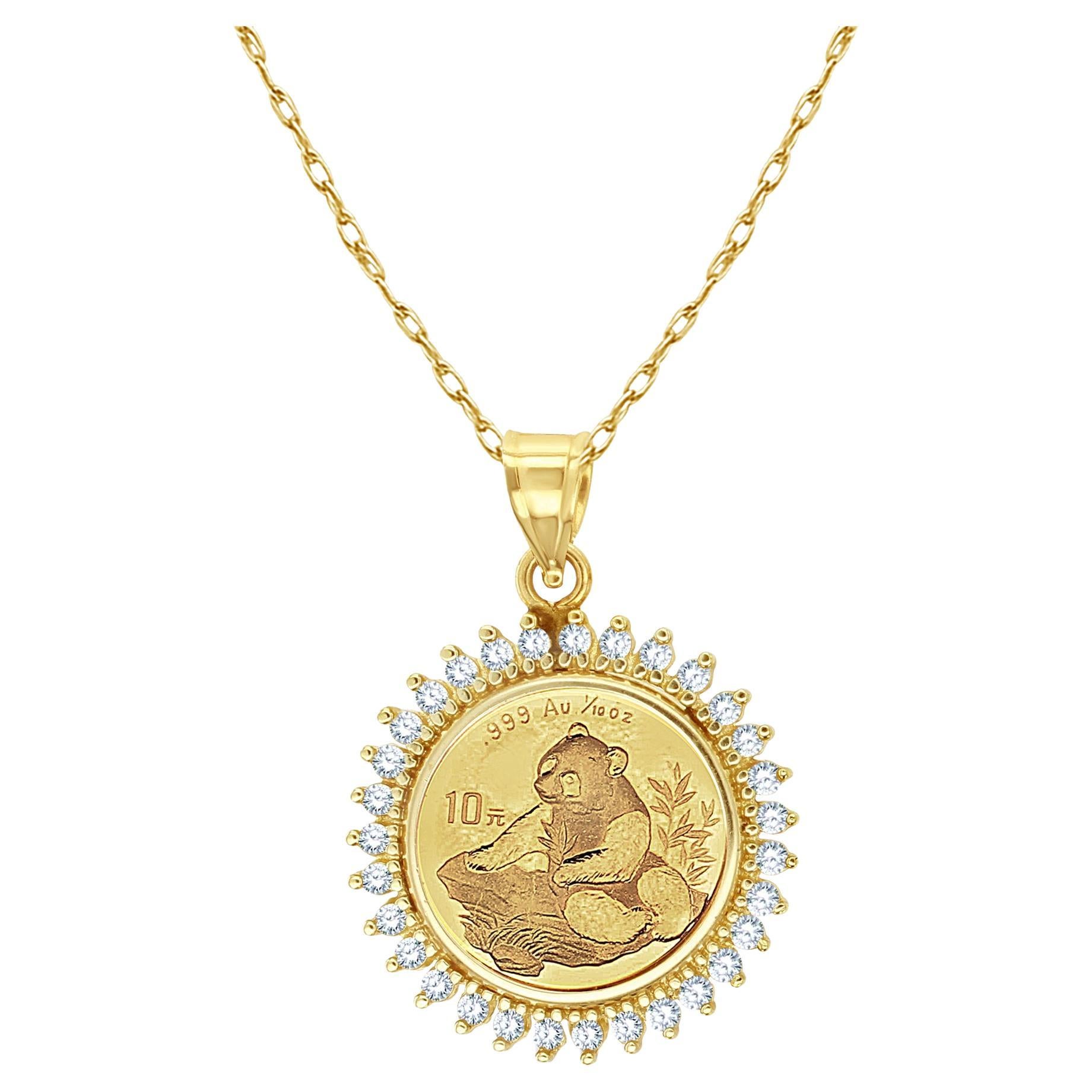 Moneta d'oro Panda cinese da un decimo di oncia Collana con diamanti a raggiera in vendita