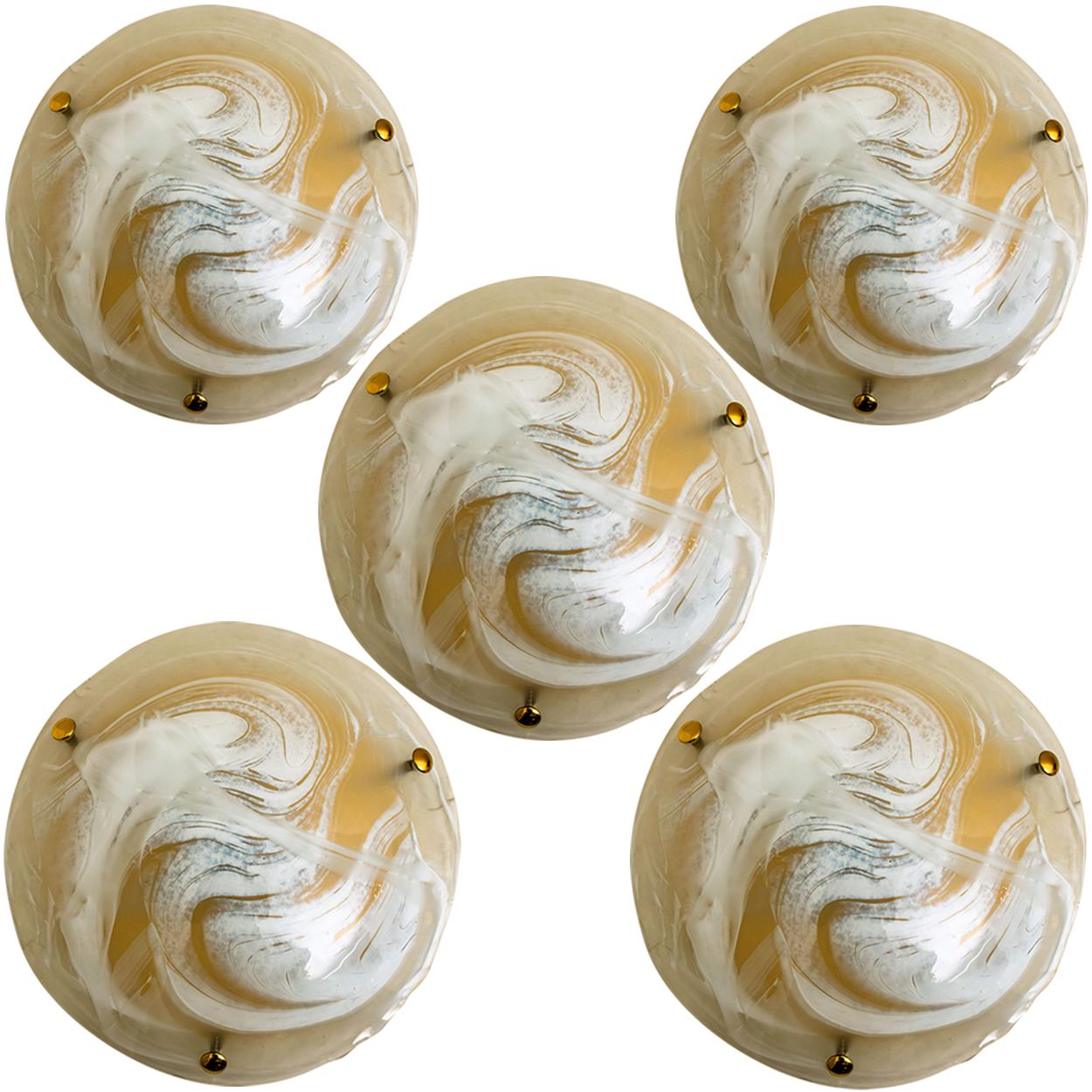 Mid-Century Modern 1 of the 2 Massive Brass Murano Glass Wall Lights or Flush Mounts For Sale