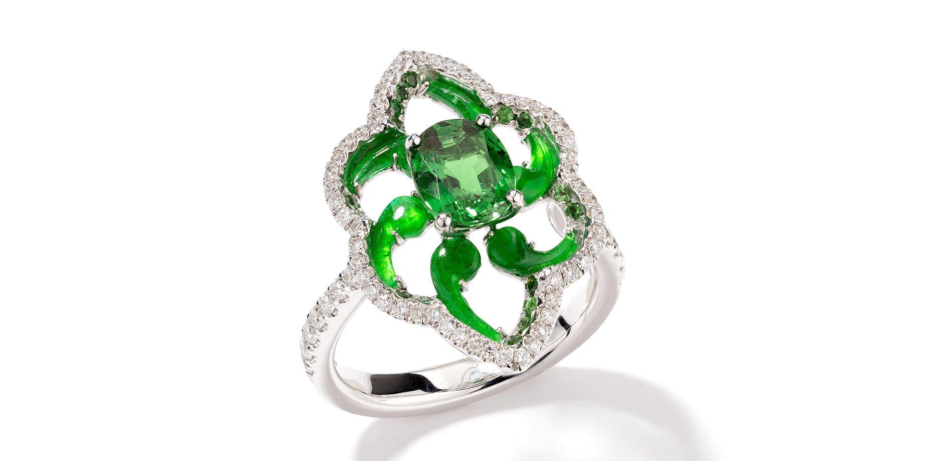 Oval Cut One Tsavorite and Jade Ring Set with Diamonds For Sale