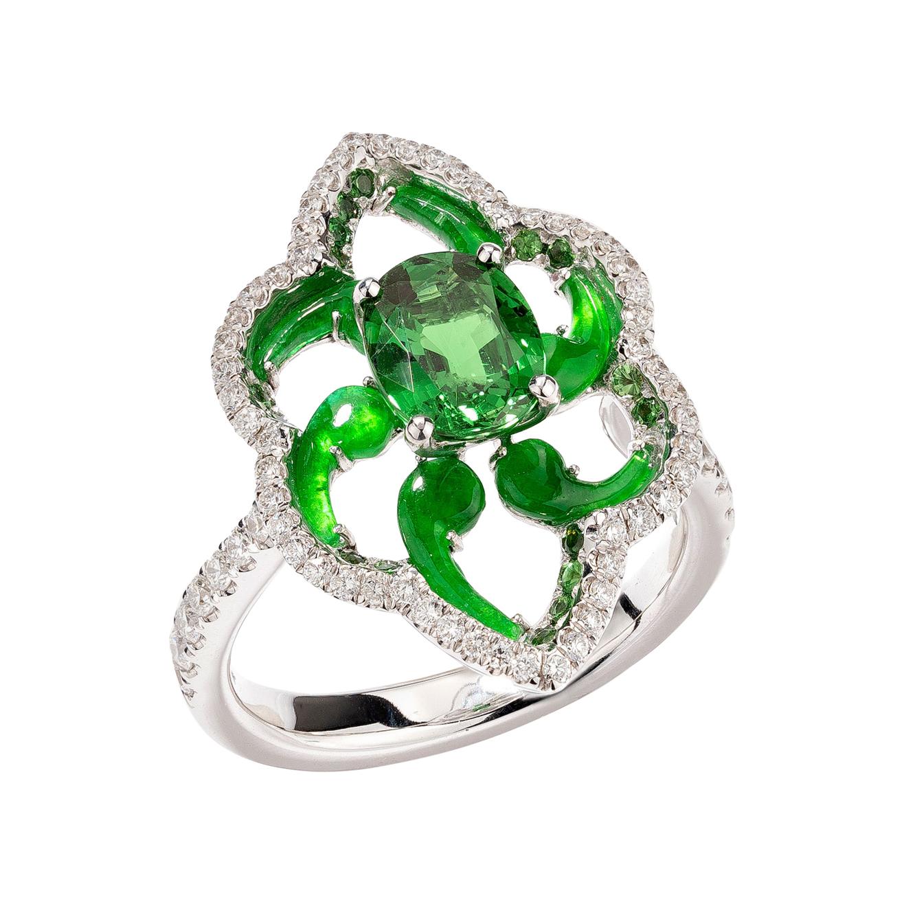 One Tsavorite and Jade Ring Set with Diamonds For Sale