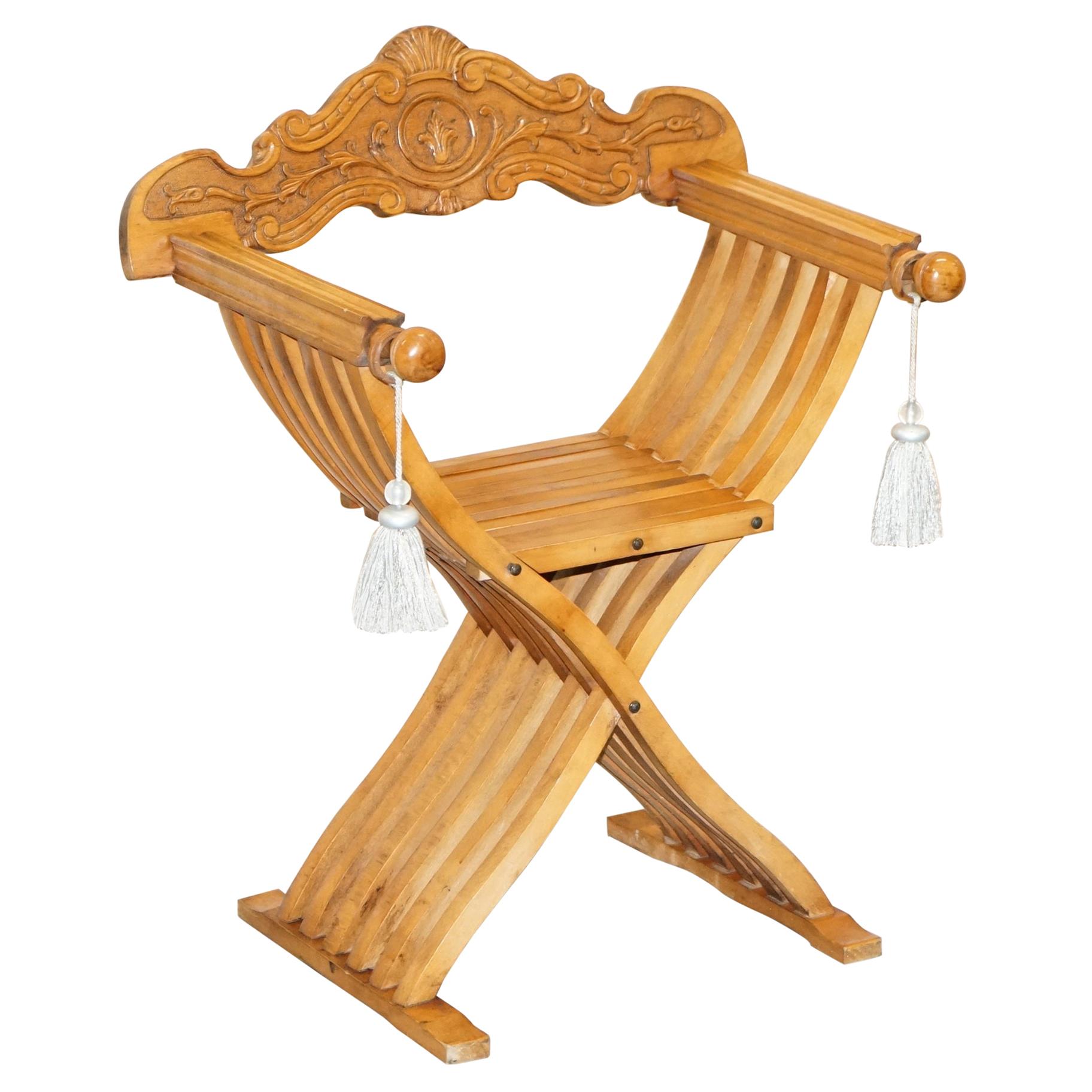 One Two Folding Savonarola Armchairs with Silk Hanging Tassels Well Carved For Sale