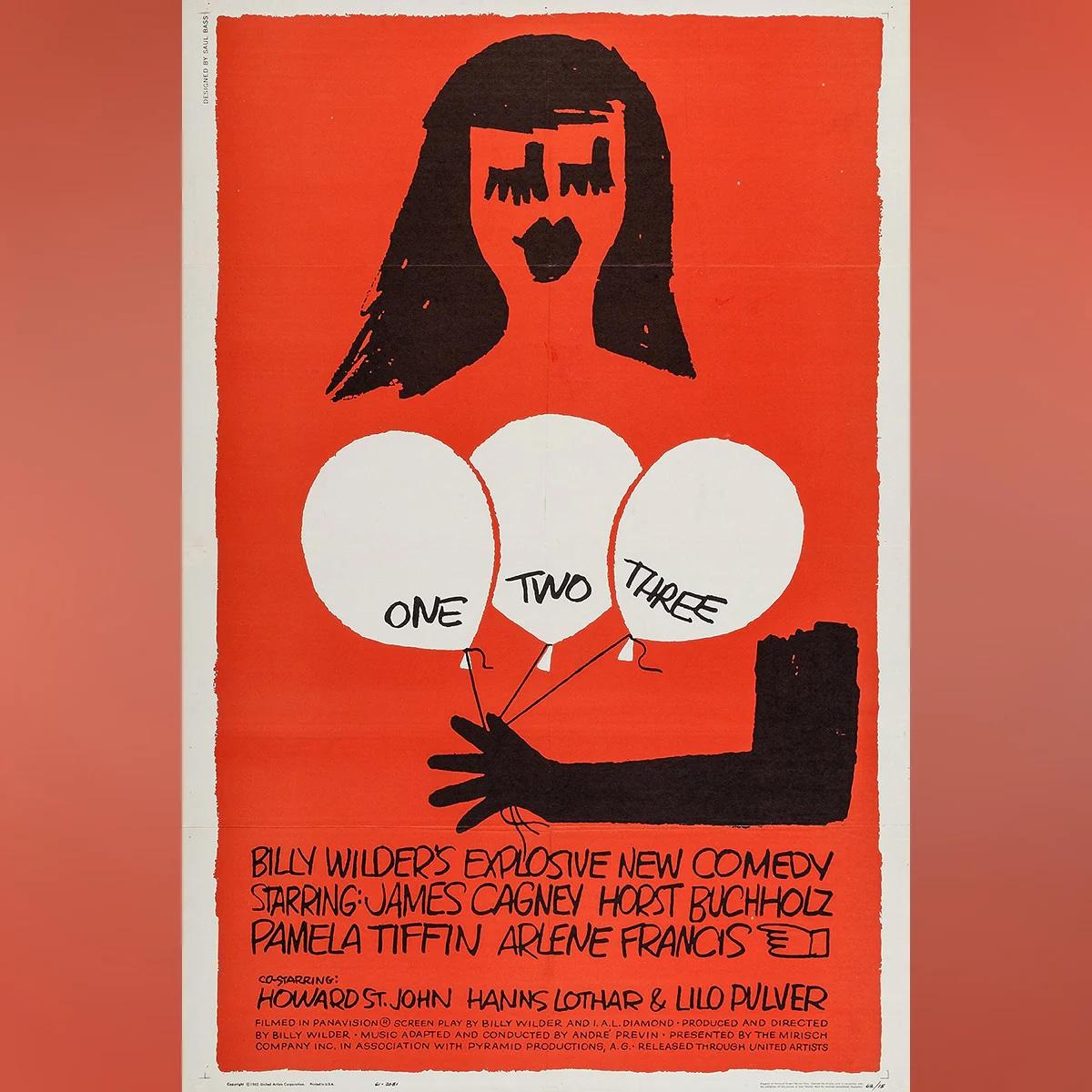 Un, deux, trois (1961)
Original en une feuille (27 X 41 pouces)

Saul Bass était au sommet de sa forme lorsqu'il a conçu cette affiche pour la comédie hilarante et rythmée de Billy Wilder, qui raconte l'histoire d'un cadre de Coca-Cola, à