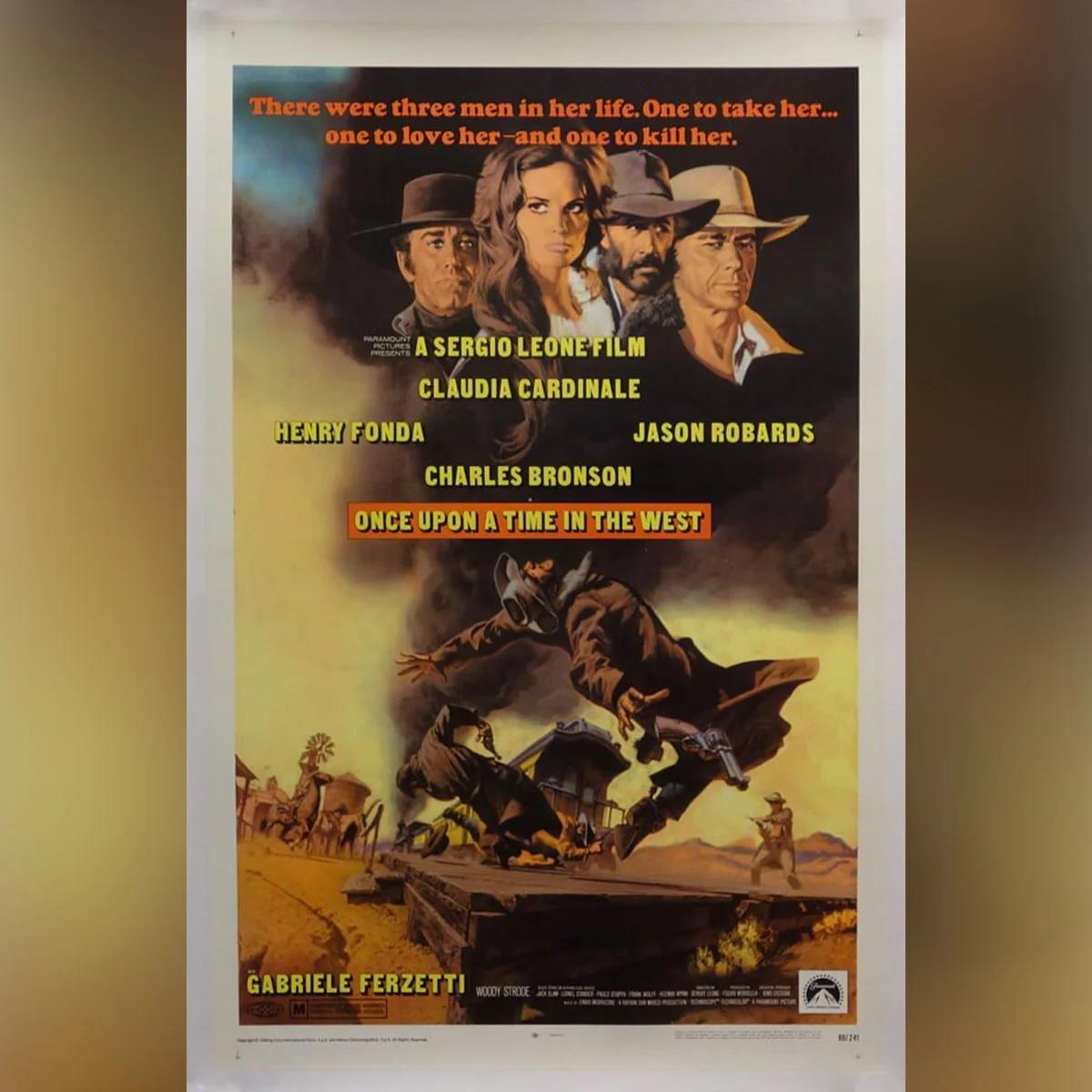 C'era una volta il West (1969)
Foglio unico originale (27 X 40 pollici)

Un misterioso straniero con un'armonica unisce le forze con un noto desperado per proteggere una bella vedova da uno spietato assassino che lavora per la ferrovia.

Anno: