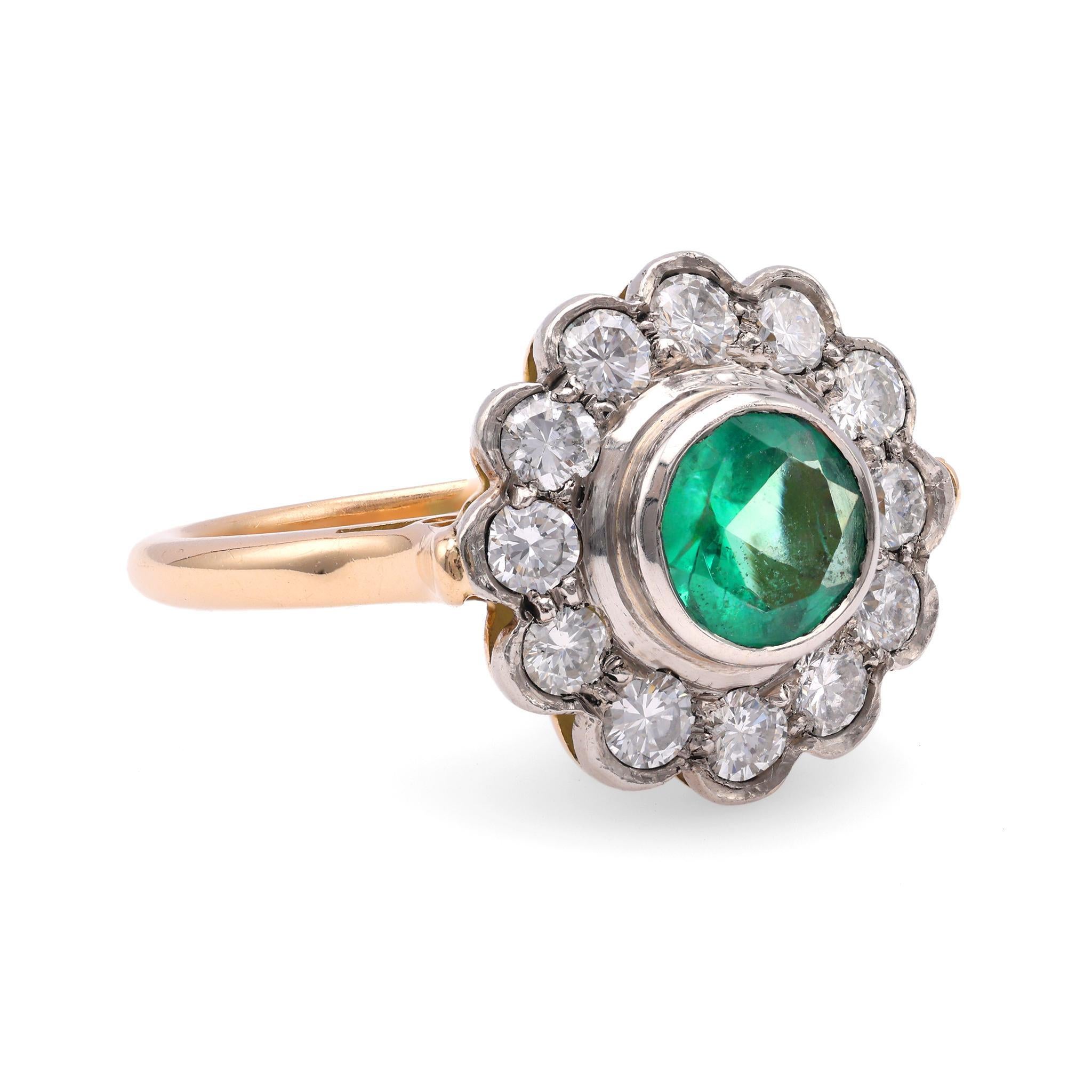 Brilliant Cut One Victorian Revival Emerald Diamond 14k Yellow Gold Platinum Cluster Ring. For Sale