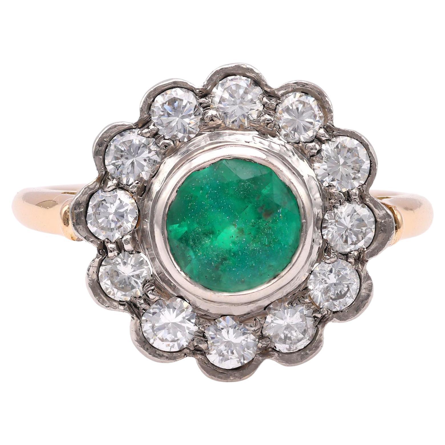 One Victorian Revival Emerald Diamond 14k Yellow Gold Platinum Cluster Ring. For Sale