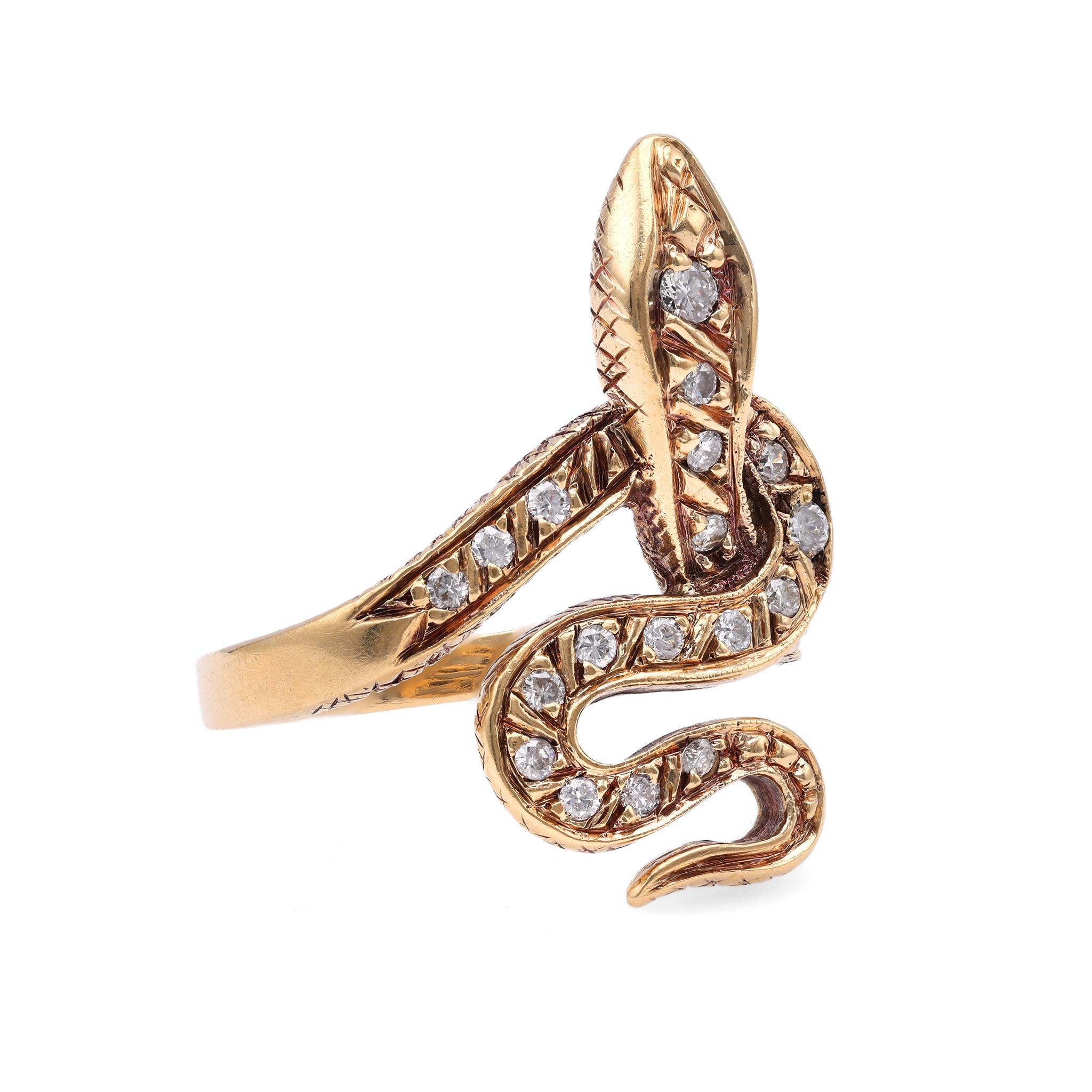 Brilliant Cut One Vintage Austrian Diamond 14k Yellow Gold Snake Ring For Sale