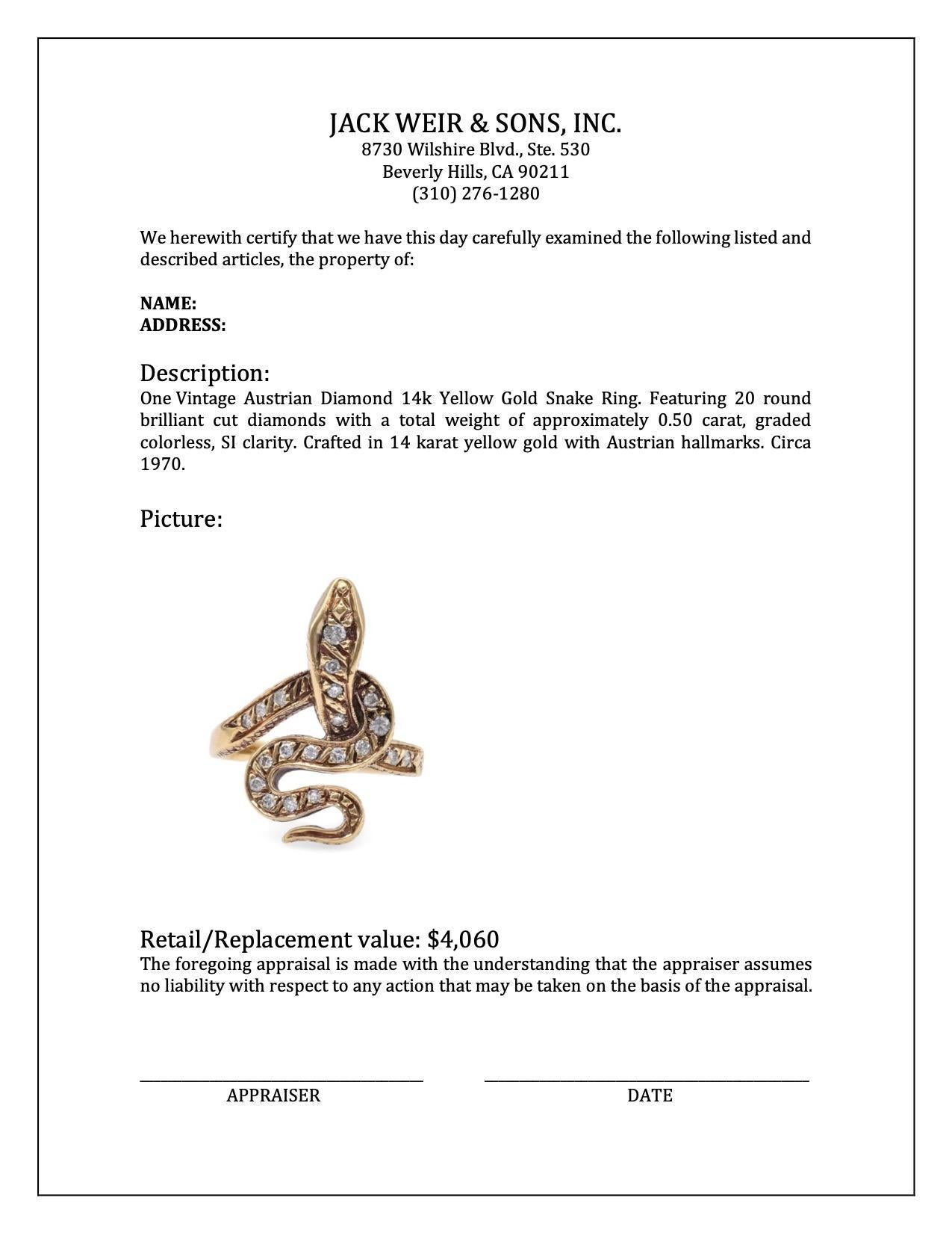 One Vintage Austrian Diamond 14k Yellow Gold Snake Ring In Excellent Condition For Sale In Beverly Hills, CA