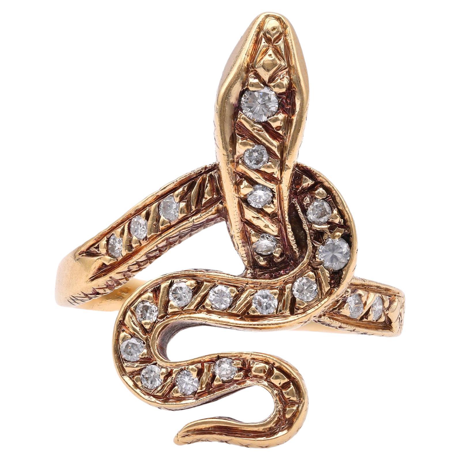 One Vintage Austrian Diamond 14k Yellow Gold Snake Ring For Sale