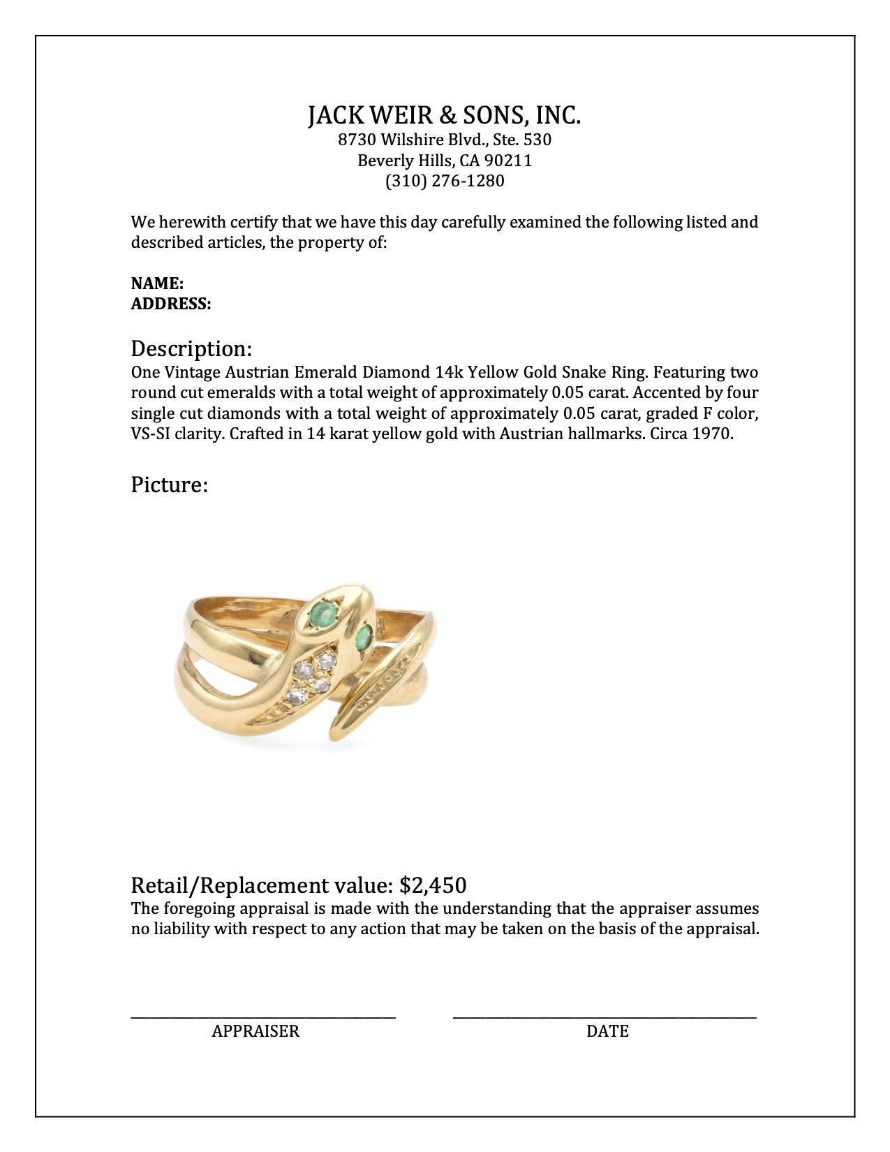 One Vintage Austrian Emerald Diamond 14k Yellow Gold Snake Ring. In Excellent Condition For Sale In Beverly Hills, CA