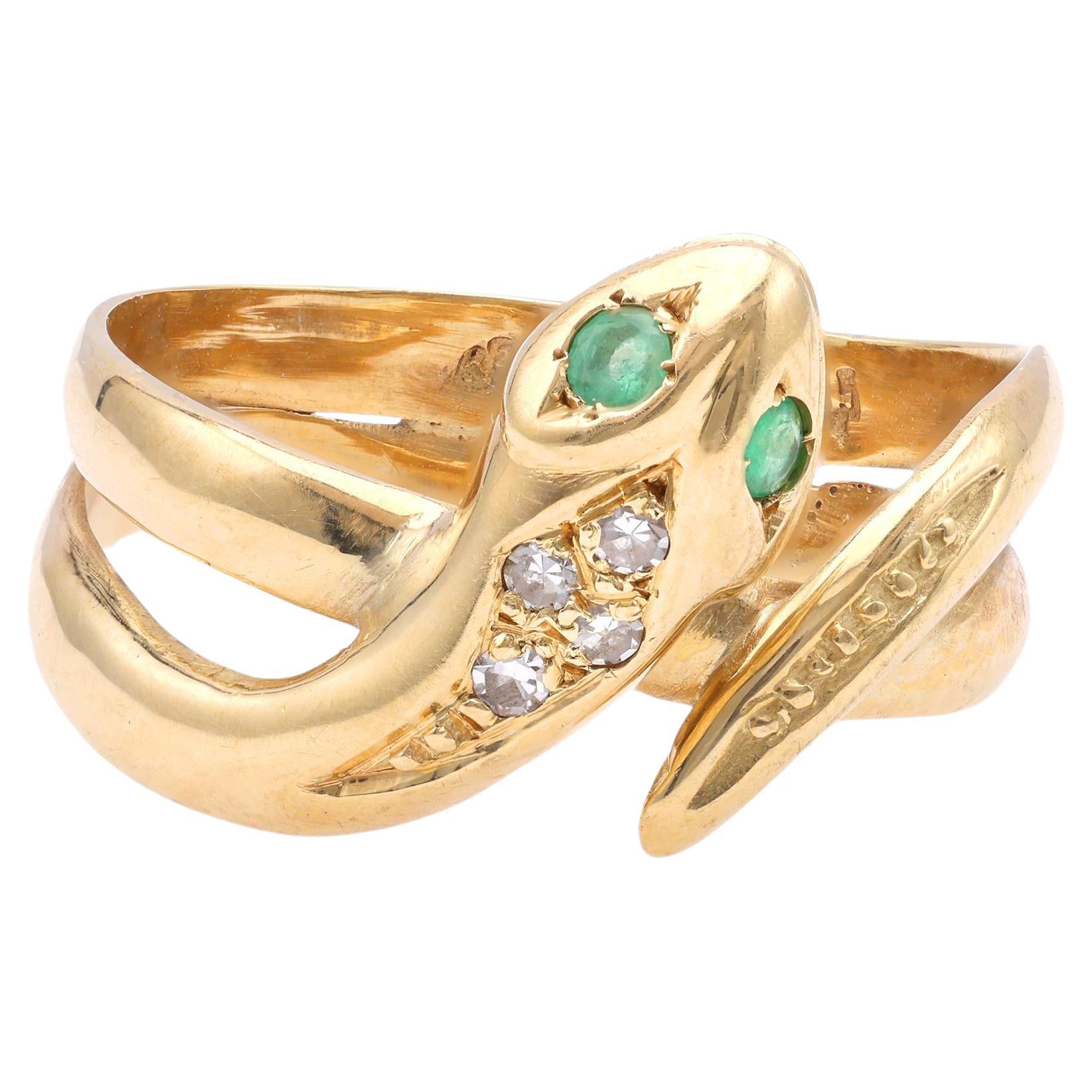 One Vintage Austrian Emerald Diamond 14k Yellow Gold Snake Ring. For Sale
