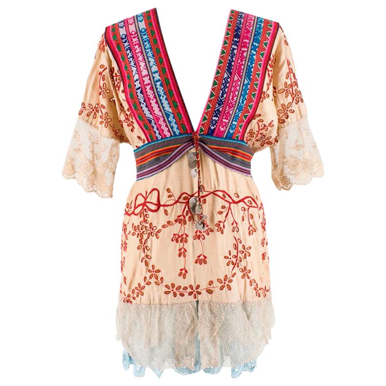 One Vintage Bespoke Embroidered Bohemian Kaftan Blouse - Size Estimated XS For Sale