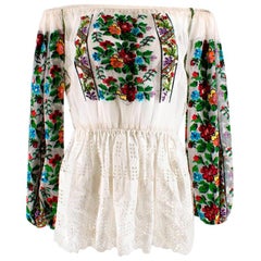 One Vintage Bespoke Puff Sleeve Hand Embroidered Blouse - Unique piece - Size M