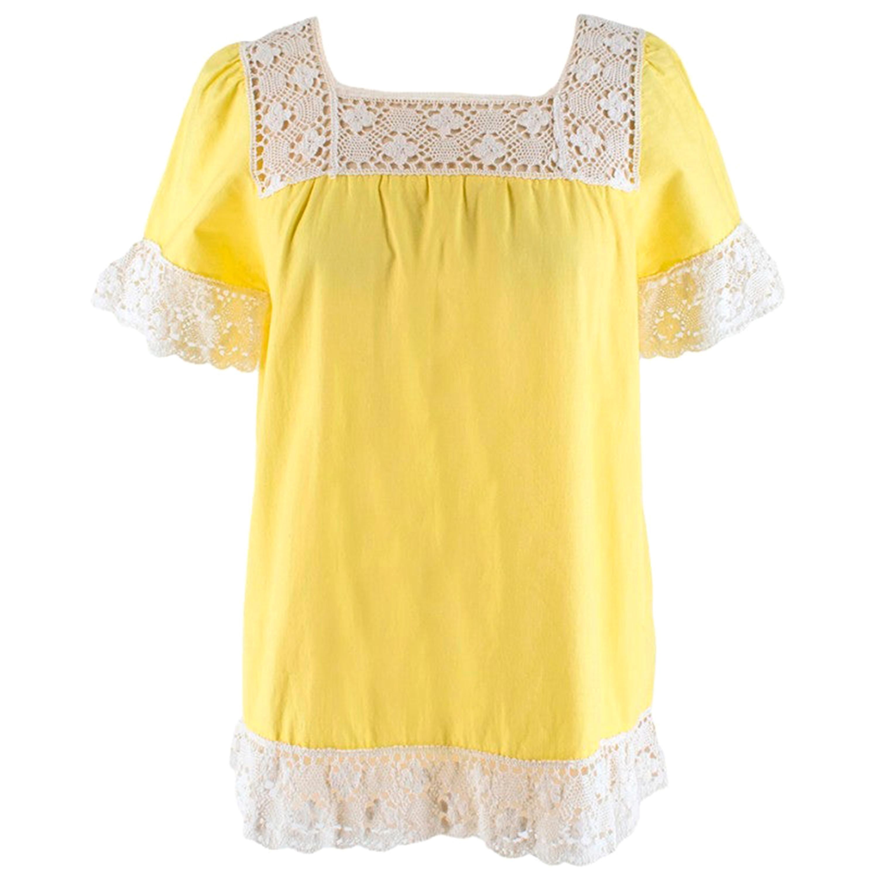One Vintage Crochet Trimmed Yellow Top - Size S For Sale