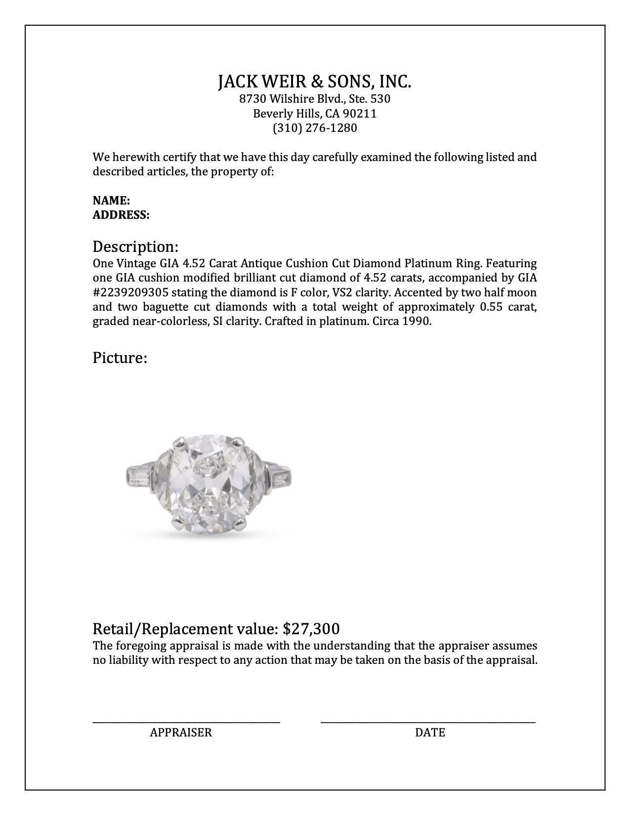 One Vintage GIA 4.52 Carat Antique Cushion Cut Diamond Platinum Ring In Excellent Condition In Beverly Hills, CA