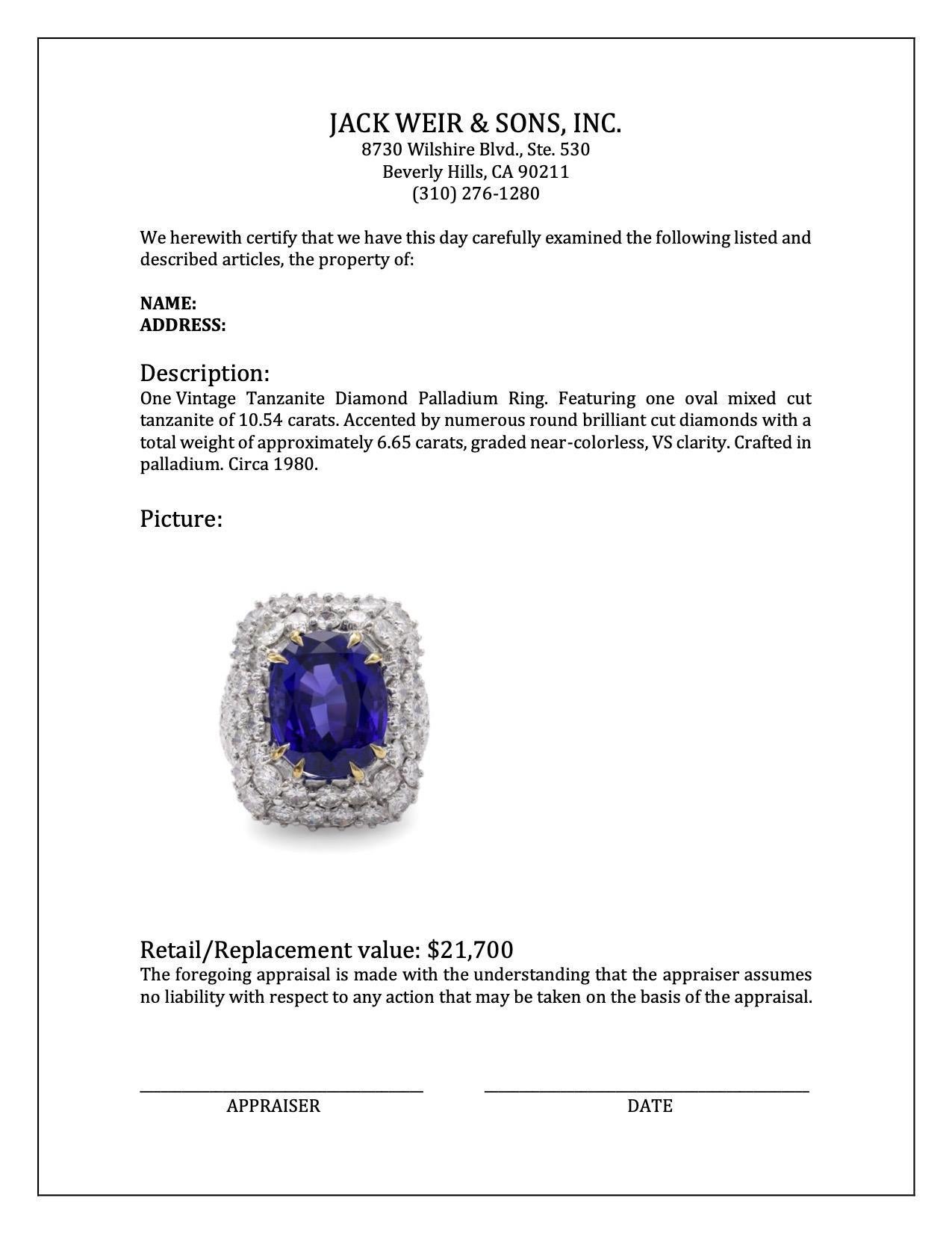 One Vintage Tanzanite Diamond Palladium Ring In Excellent Condition For Sale In Beverly Hills, CA