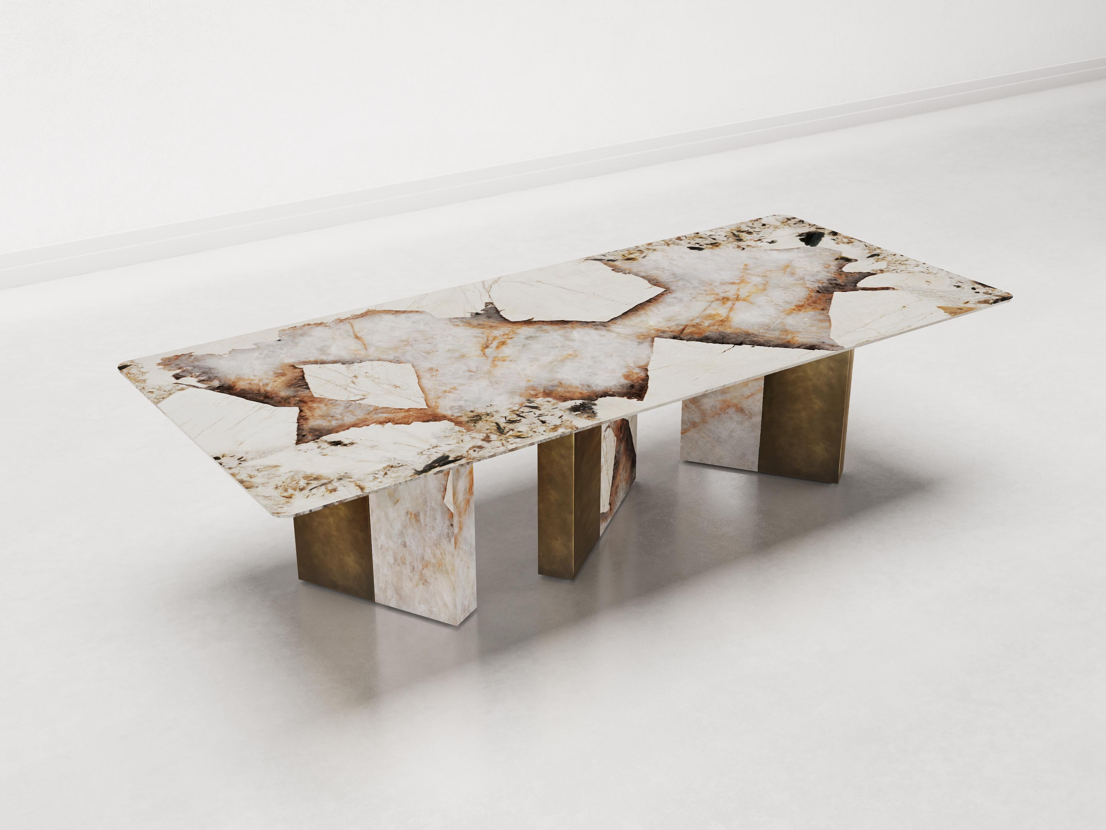 Modern One Way or Another Dining Table in Patagonia Marble & Raw Brass For Sale