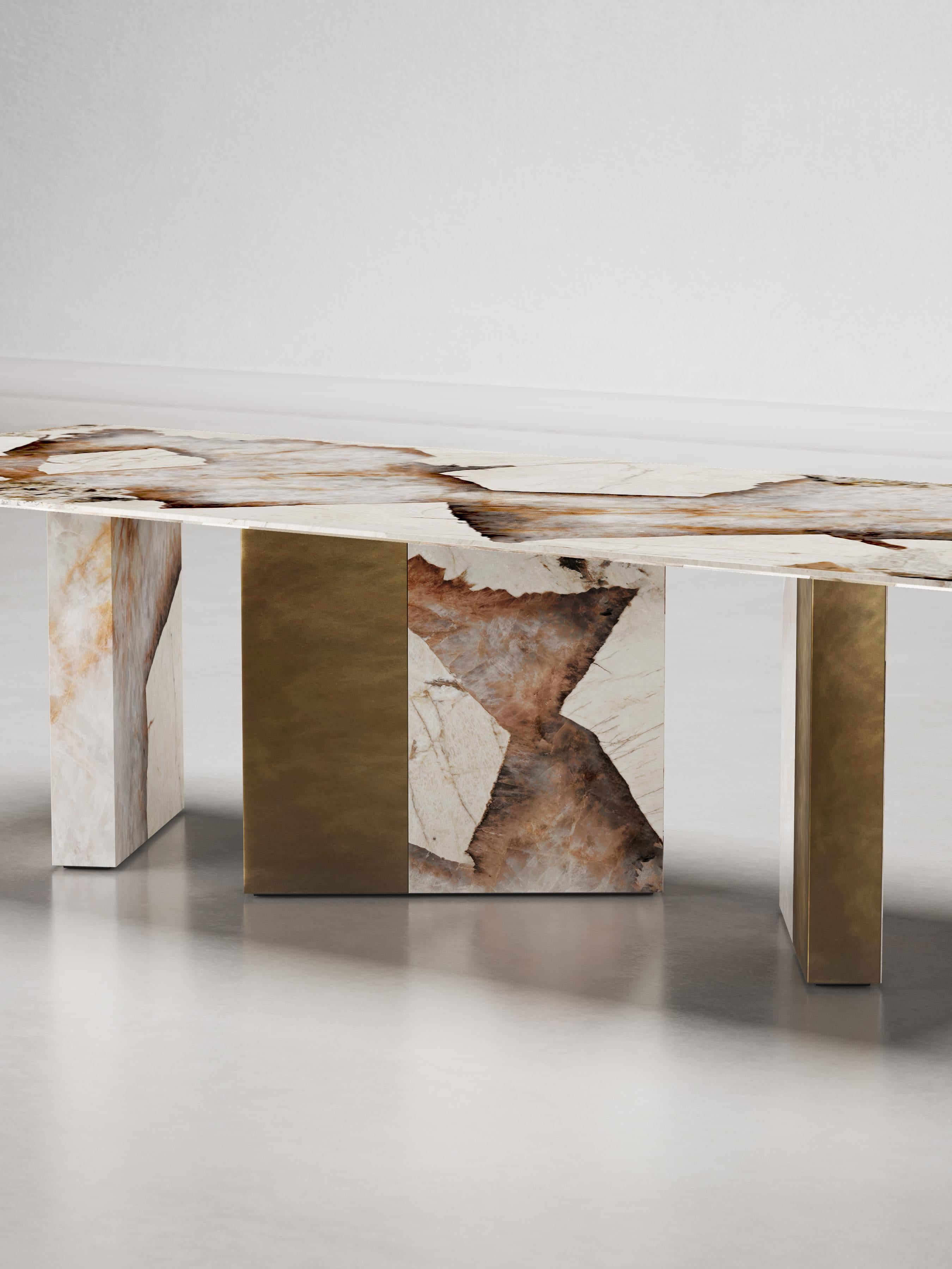 Italian One Way or Another Dining Table in Patagonia Marble & Raw Brass For Sale