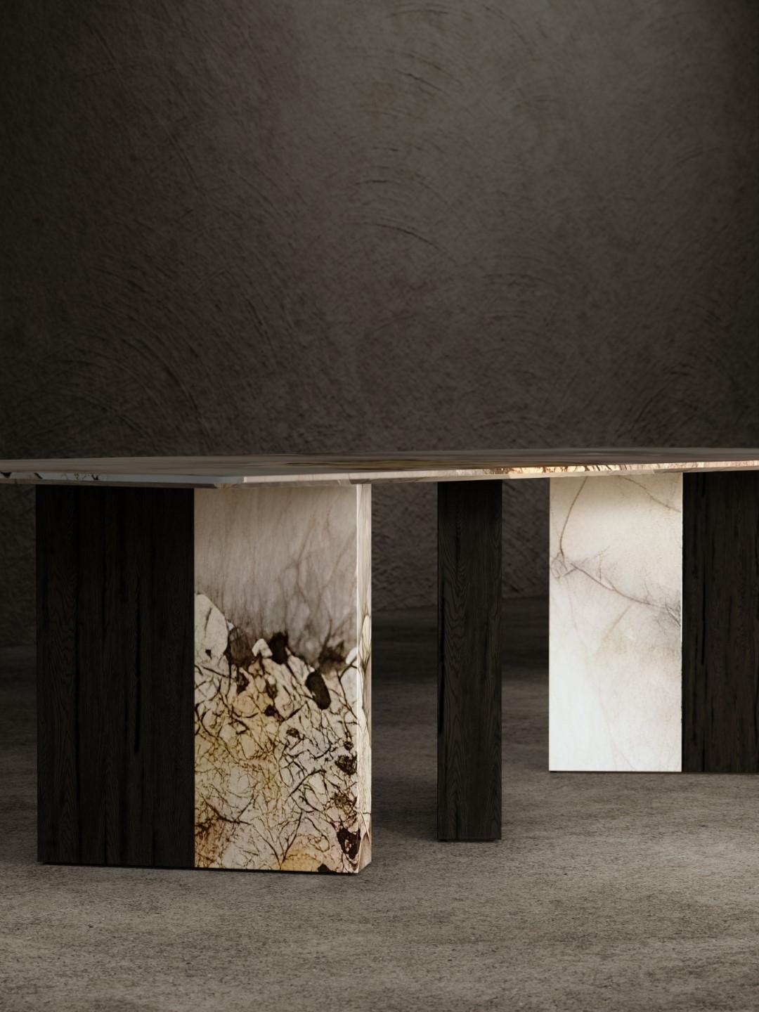 Brossé One Way or Another Table à manger Patagonia Marble Black Fir Wood en vente