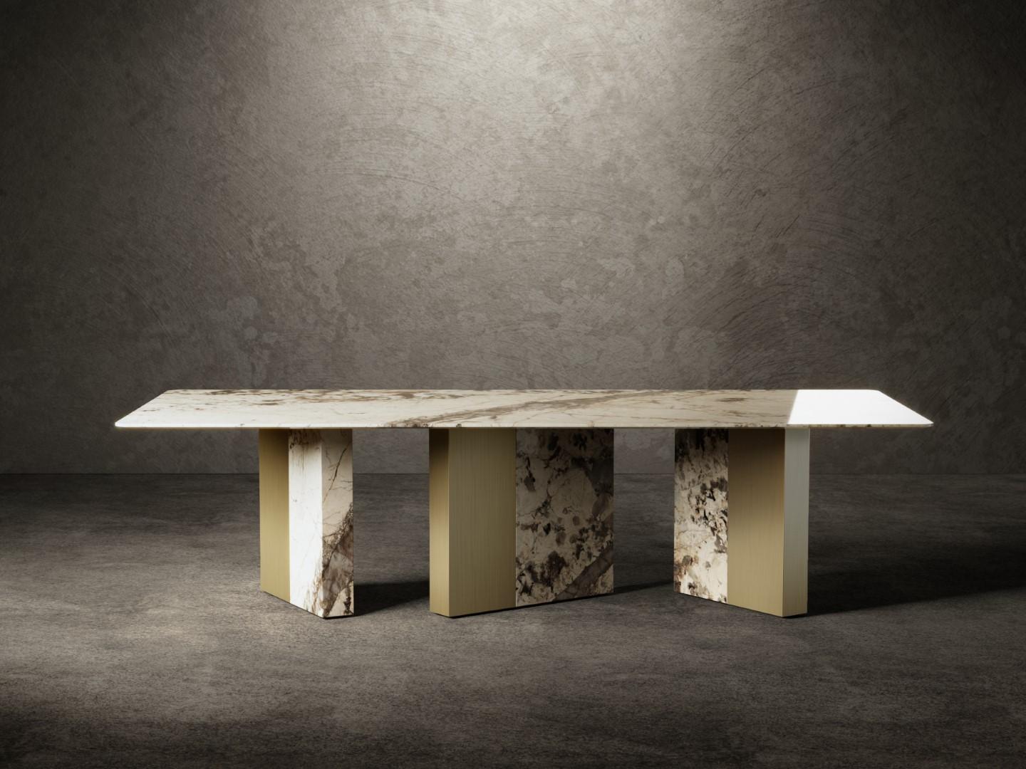 Moderne Table à manger One Way ou Another en laiton brossé marbre Patagonia en vente