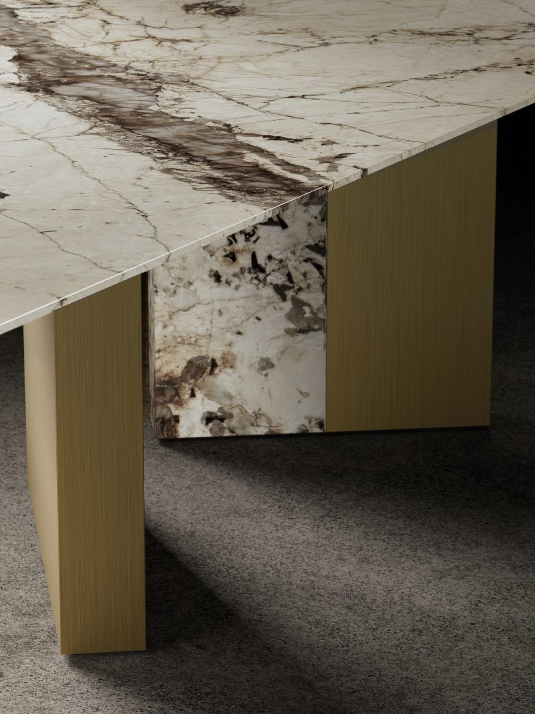 Italian One Way or Another Dining Table Patagonia Marble Brused Brass For Sale