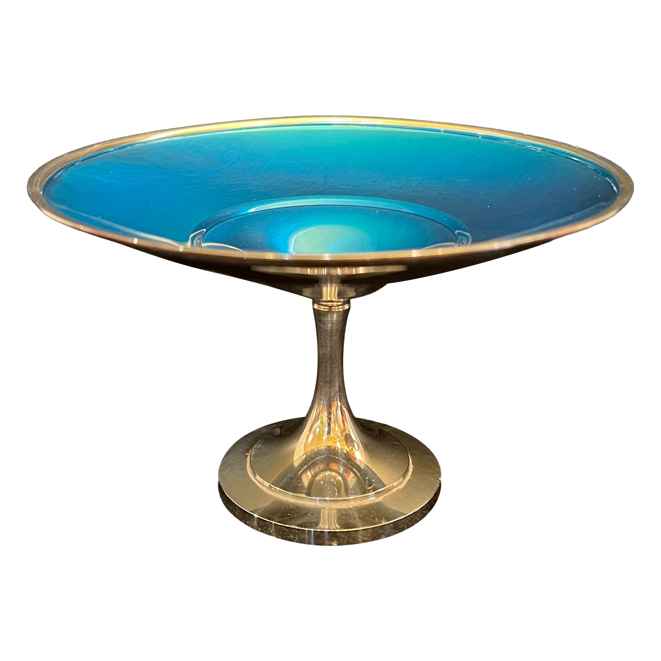 Oneida Fine Silver Plate Blue Enamel Tazza Compote Stemmed Candy Dish For Sale
