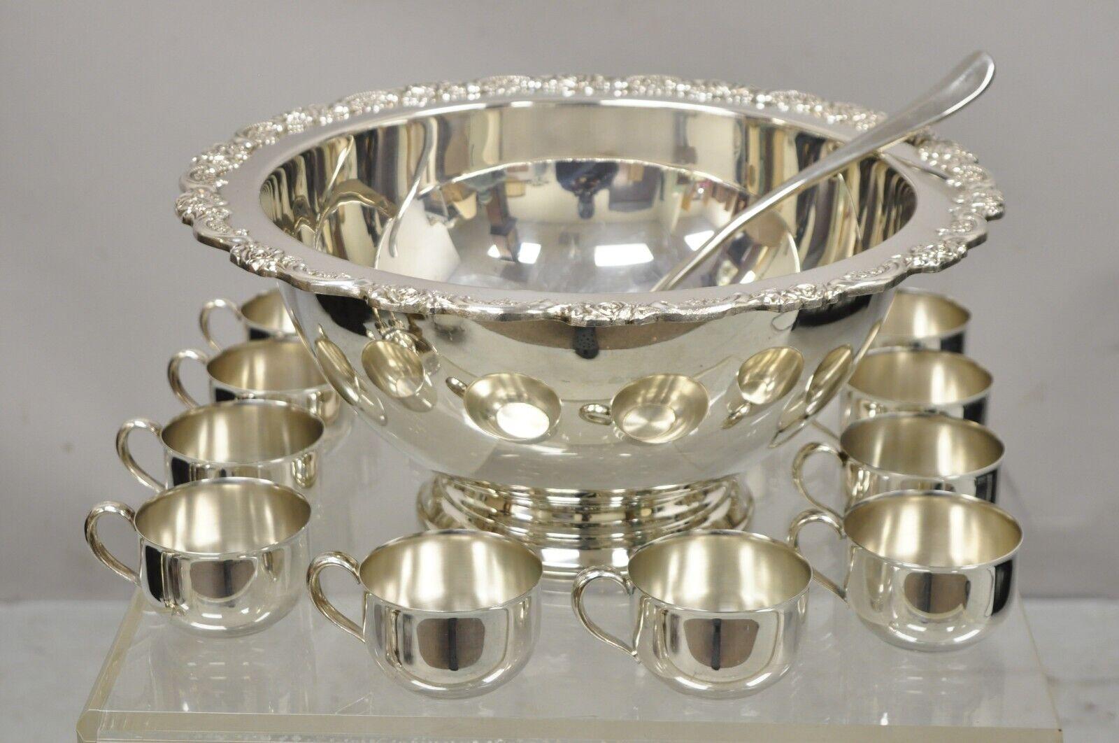 Victorian Oneida Silver Plated Punch Bowl Set with 12 Cups and Ladle