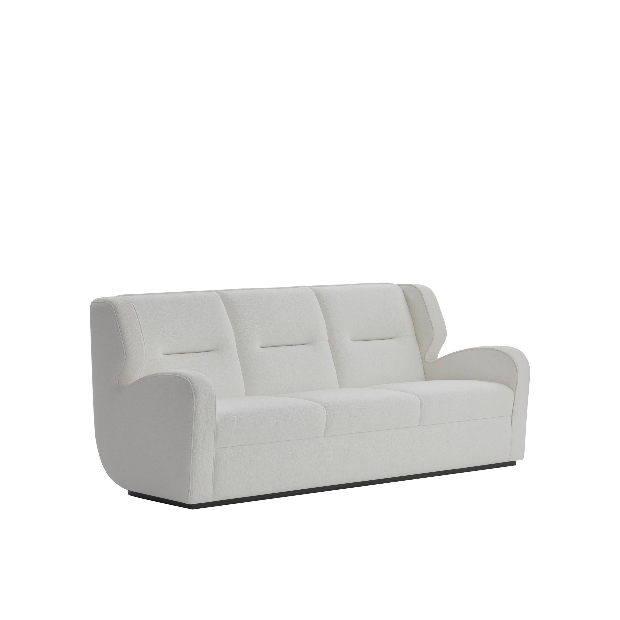 Our O'neill sofa has a unique and eclectic design, all in white, it suits perfectly every modern living room decor. 

Upholstered in white boucle Gobi H864 fabric, combined with matte black lacquered plinth.
 
 
   
    