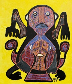 Abstract Spirits & Snakes- Original Haitian Acrylic Painting On Mounted Paper