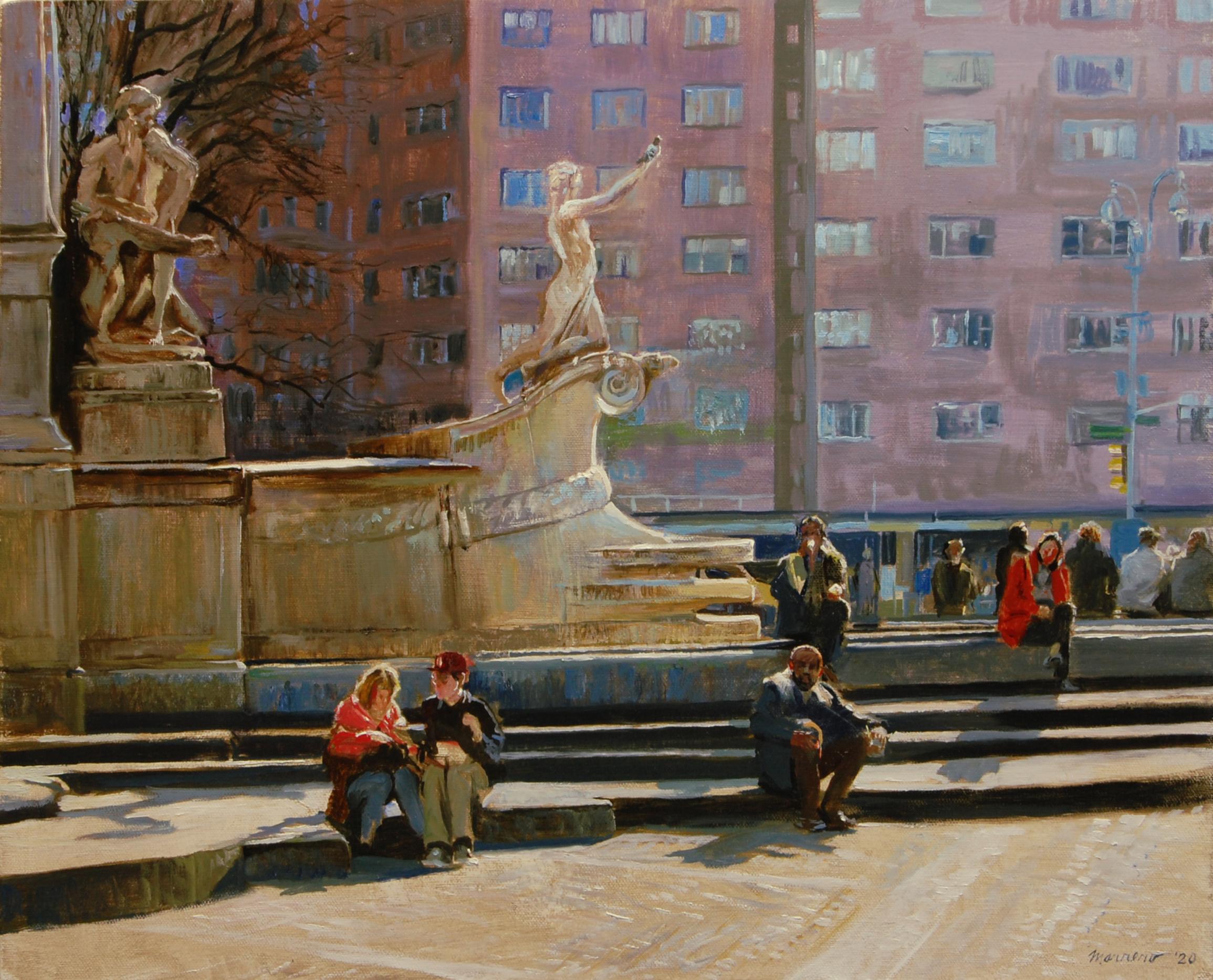 Peinture à l'huile « At Columbus Circle » (Circle de Columbus)