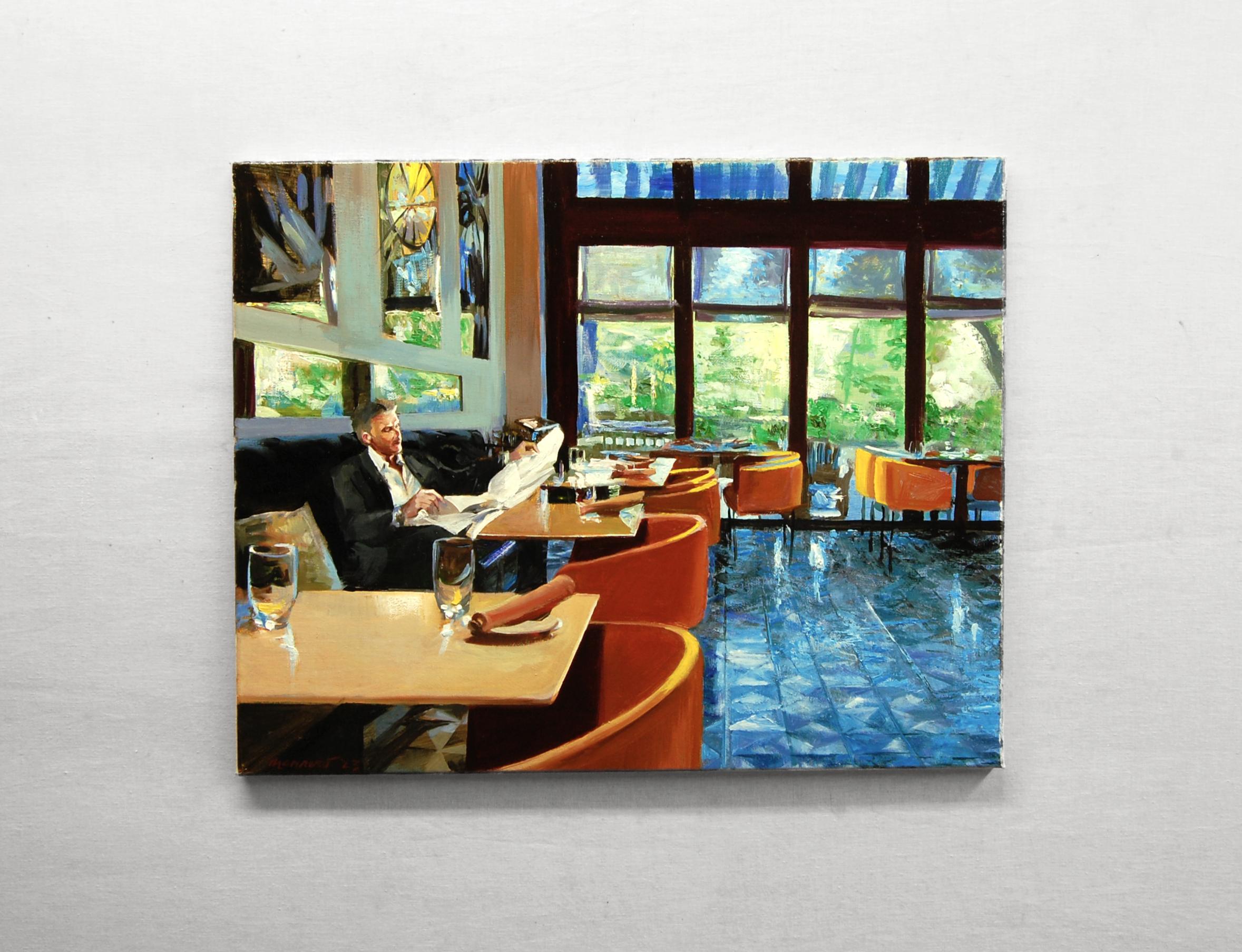 <p>Artist Comments<br>In his distinct style of impressionism, artist Onelio Marrero displays a man in a suit reading the news as he sits by an empty dining hall. He bases the piece on sketches of a Back Bay, Boston restaurant named Bistro du Midi.