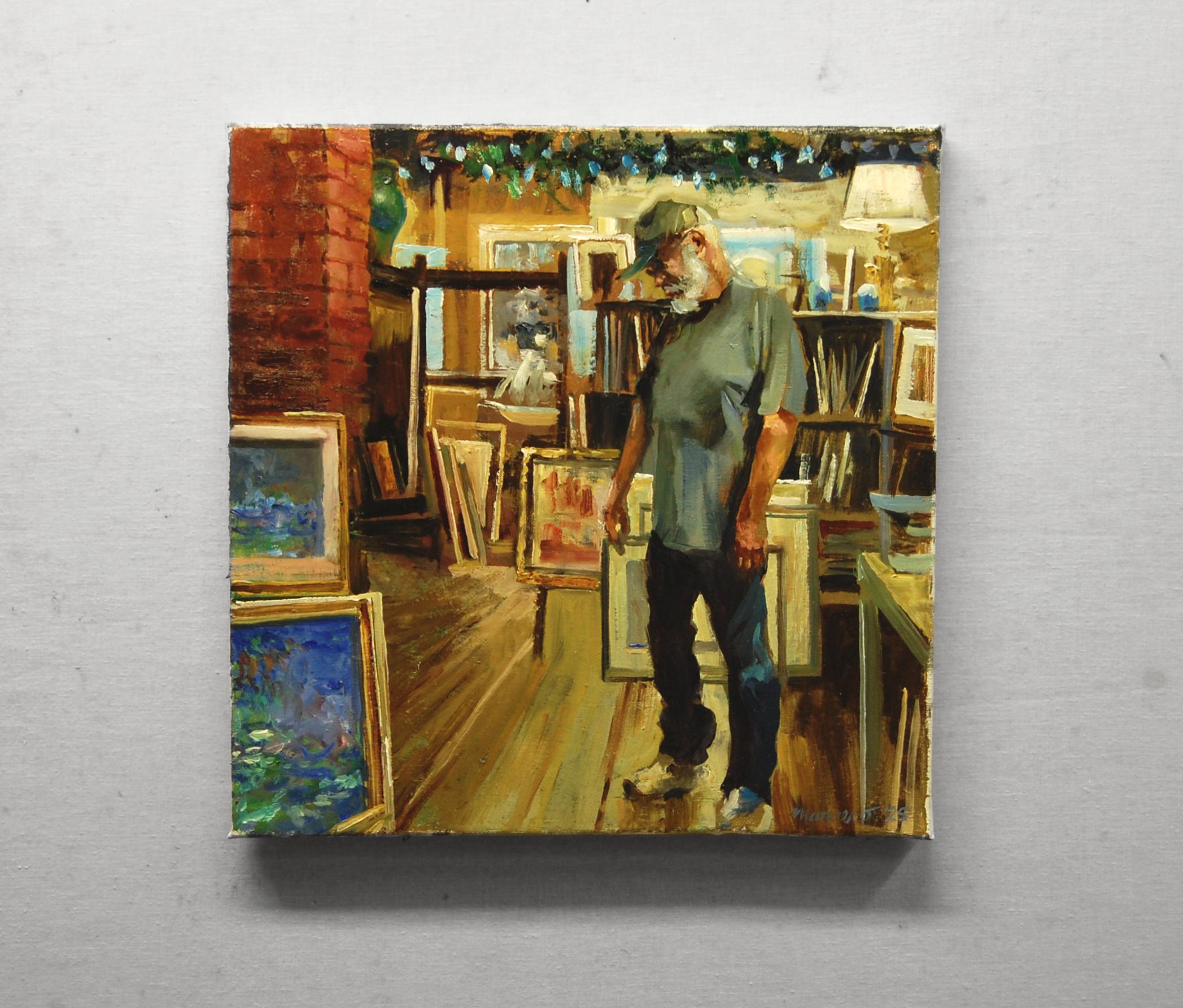 <p>Commentaires de l'artiste<br>Cette scène illustre un moment de calme à l'intérieur d'un magasin d'antiquités. Un homme s'arrête au milieu de sa marche, attiré par deux tableaux de nénuphars encadrés. Comme le savent les habitués du shopping, il